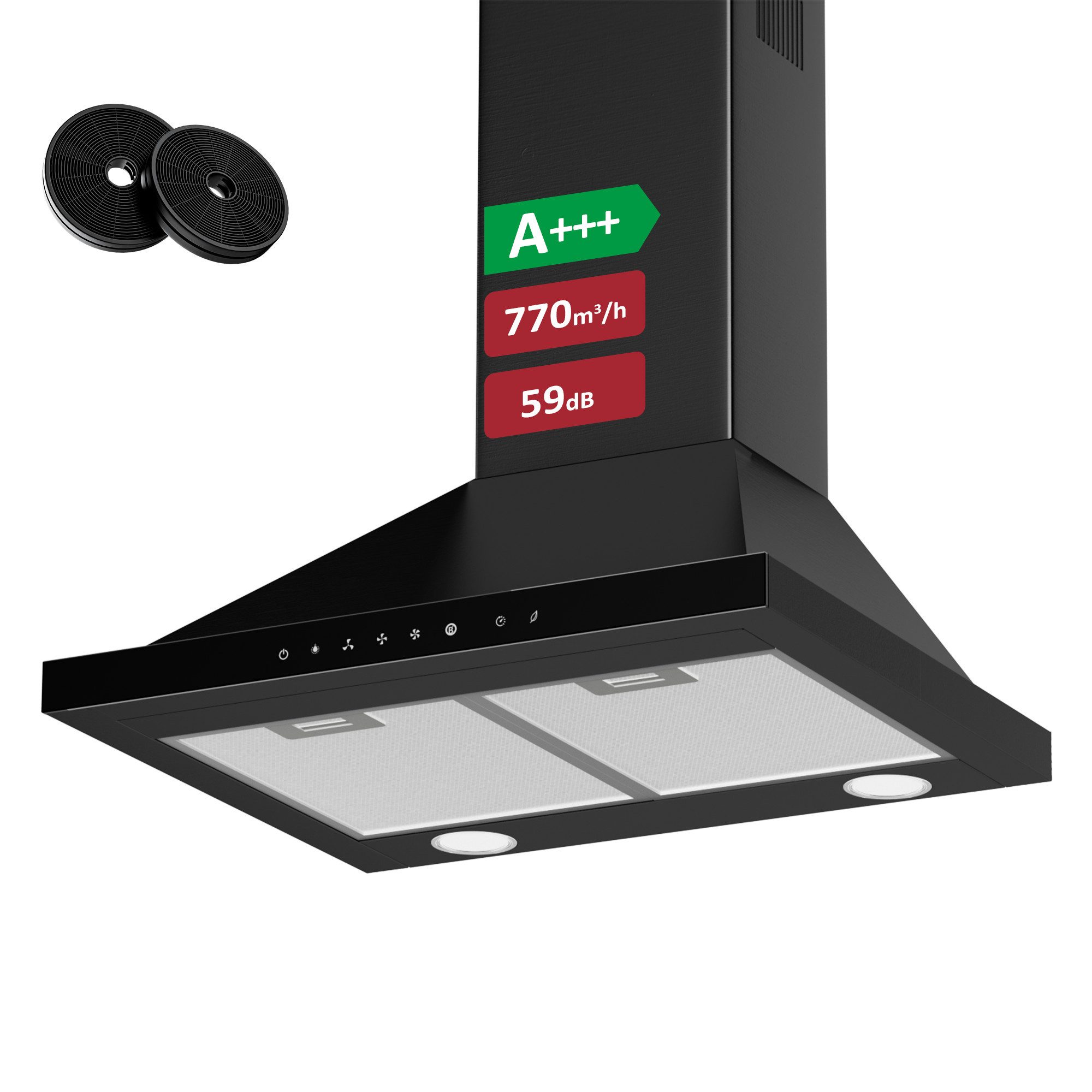 Levivo Wandhaube A+++ Dunstabzugshaube 60cm Umluft & Abluft mit 770 m³/h A+++ Dunstabzugshaube 60cm Umluft & Abluft mit 770 m³/h, Aktivkohlefiltern, Fettfiltern, LED-Beleuchtung