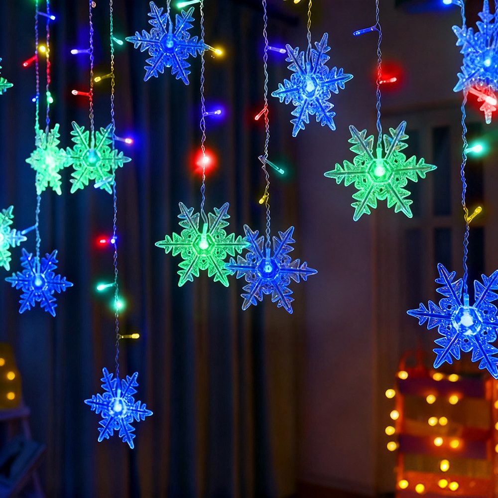 SERBASIC LED-Lichtervorhang Schneeflocken, 8 Modi, LED Lichterkette Timer fur Innen Außen, Bunt, Für Fenster, Balkon & Weihnachtsbeleuchtung