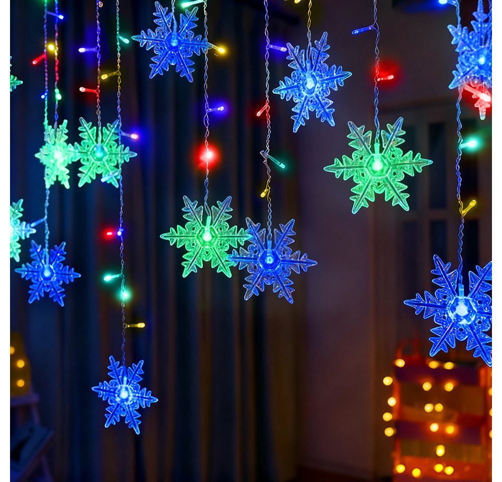 SERBASIC LED-Lichtervorhang Schneeflocken, 8 Modi, LED Lichterkette Timer fur Innen Außen, Bunt, Für Fenster, Balkon & Weihnachtsbeleuchtung