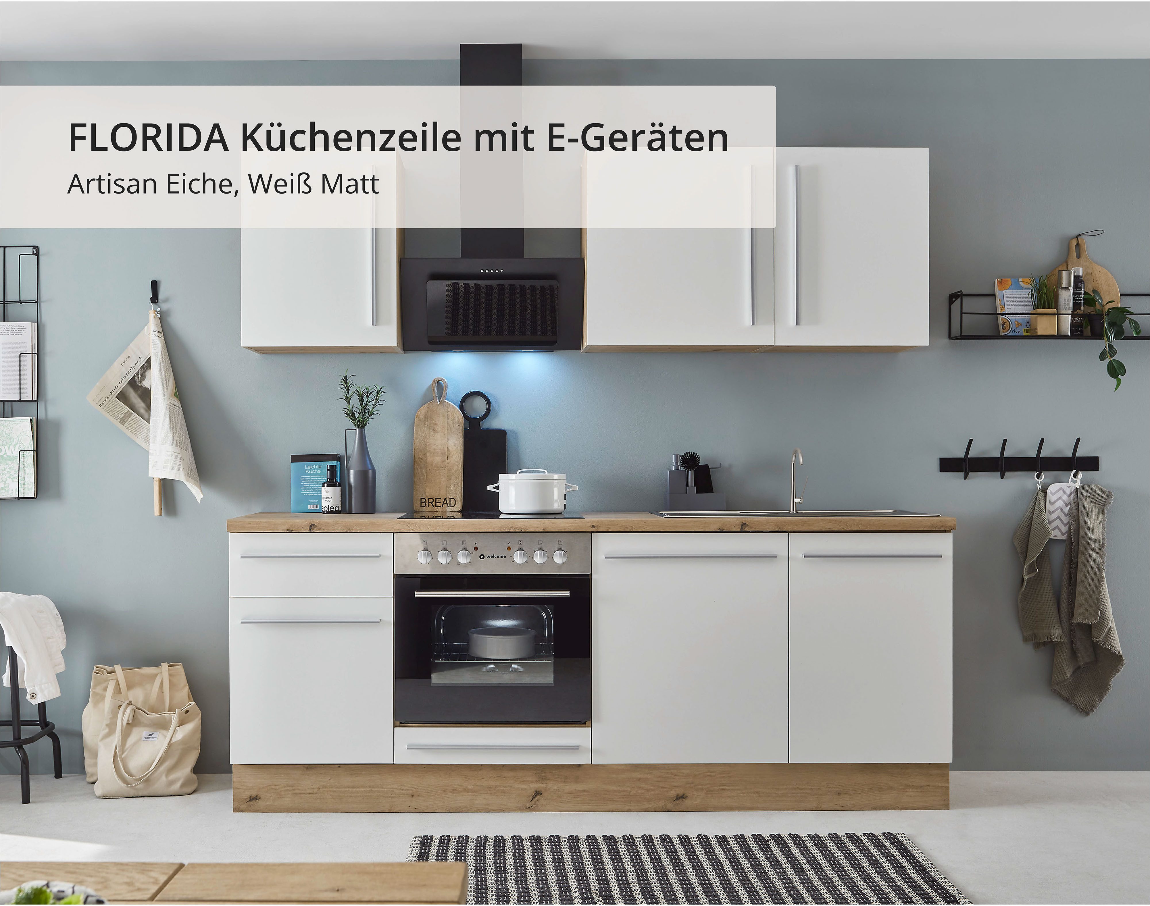 KOCHSTATION Küchenzeile Florida mit 38mm starker Arbeitsplatte, Breite 220 cm, wahlweise mit E-Geräten, Soft-Close-Funktion