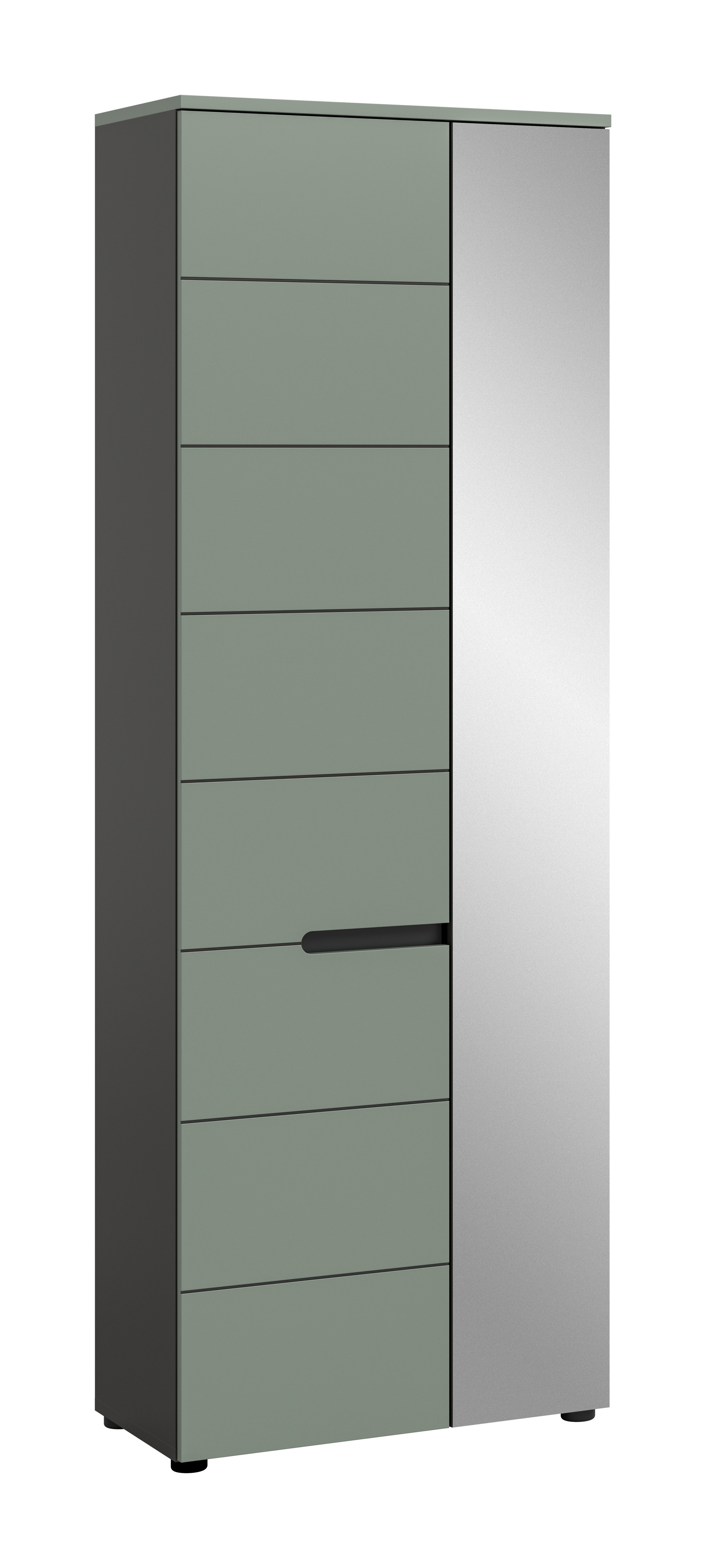 furnling Garderobenschrank Cano 1 Tür, 1 Spiegeltür, 6 Fächer, grau/grün, Garderobenmöbel, Flurmöbel