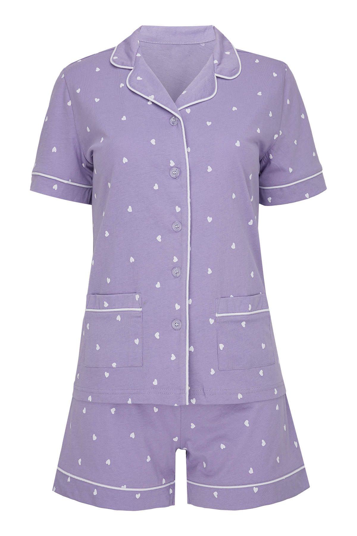 SNOOZE OFF Shorty Damen Schlafanzug aus Baumwolle in Lavendel mit Herz-Print (Set, 1 Stück) Kurzarm Schlafanzug mit Knopfleiste & Shorts