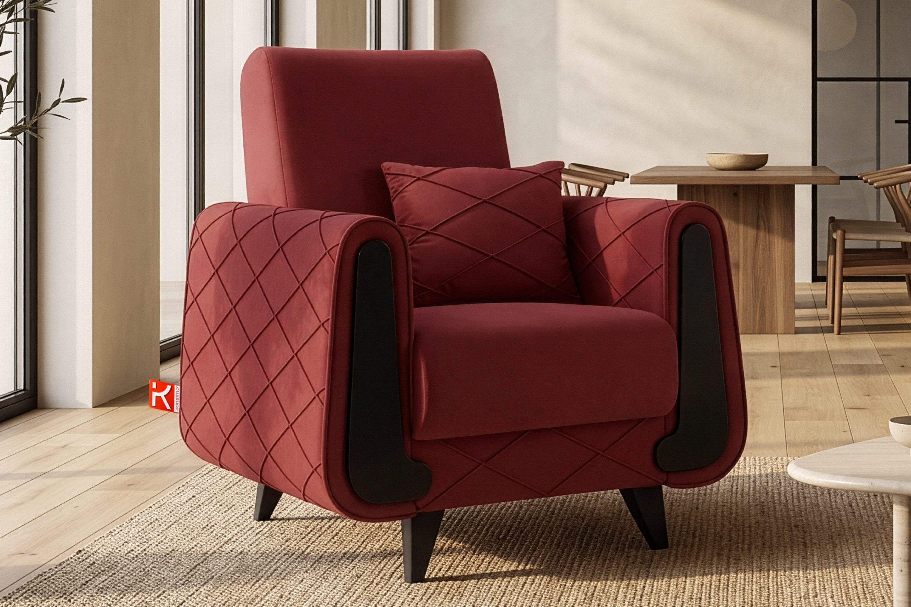 KONSIMO® Sessel Einzelsessel GUSTAVO III mit Armlehnen, hergestellt in der EU, mit Zierkissen, eleganten Nähten, Dekorative Elemente in Holzoptik