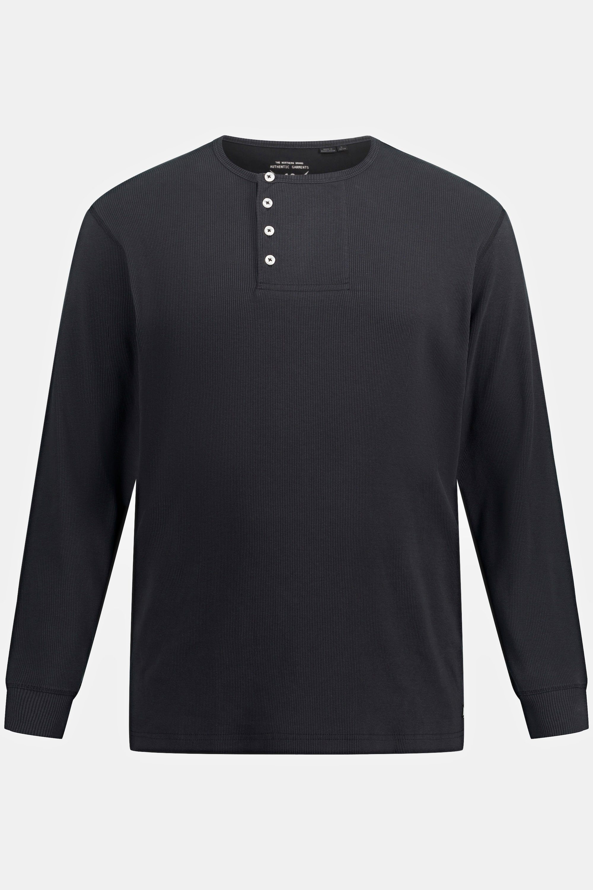 JP1880 T-Shirt Henley Langarm Rippjersey schwarz Knopfleiste Rundhals