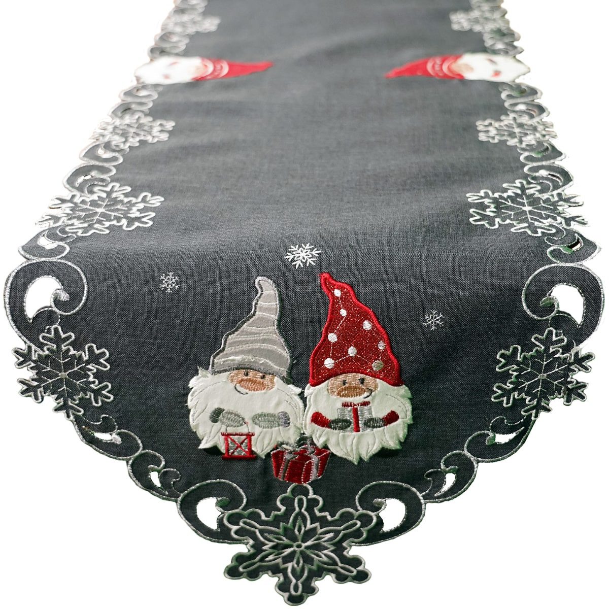 matches21 HOME & HOBBY Tischdecke Tischläufer AMIRA Weihnachten Wichtel Polyester dunkelgrau 40 x 140 cm (1-tlg), Pflegeleicht & waschbar bei 30 °C