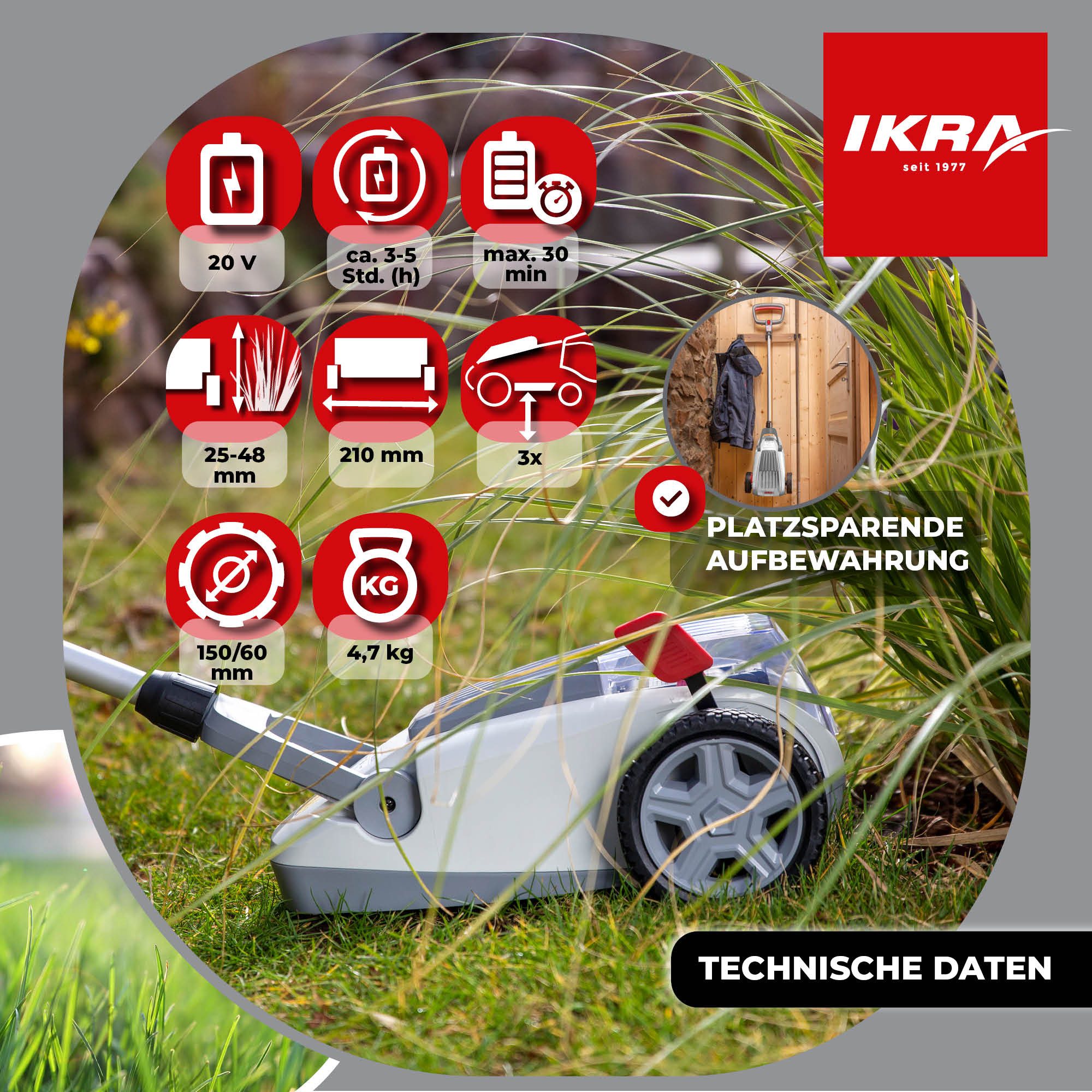 ikra GmbH Akkurasenmäher ICHM 20, 21 cm Schnittbreite, (inkl. 2. Akku, Ladegerät & Ersatzmesser), 20V Akku - Rasenflächen bis zu 50 Quadratmetern