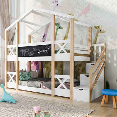 autolock Etagenbett Kinderbett Baumhaus mit Speicherung und Rausfallschutz 90 x 200 cm, Hochbett für Kinder– 2x Lattenrost- Natur & Weiß