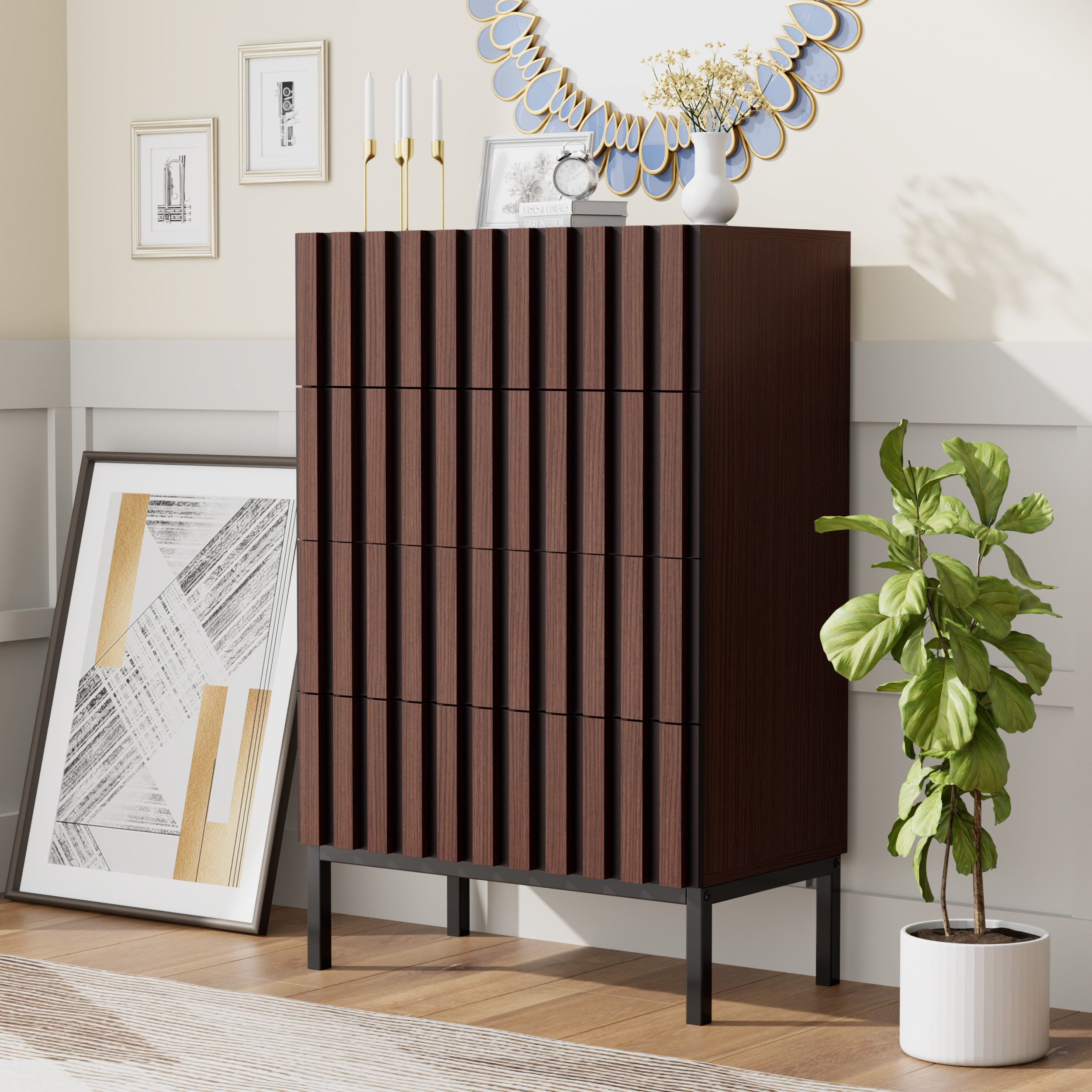 UEV Kommode schmal mit 4/5 Schublanden, Sideboard Beistellschrank Buffet (Aufbewahrungskommode, Mehrzweckschrank aus Holz(Natur/Schwarz/Dunkelbraun), Schrank für Wohnzimmer Schlafzimmer Flur