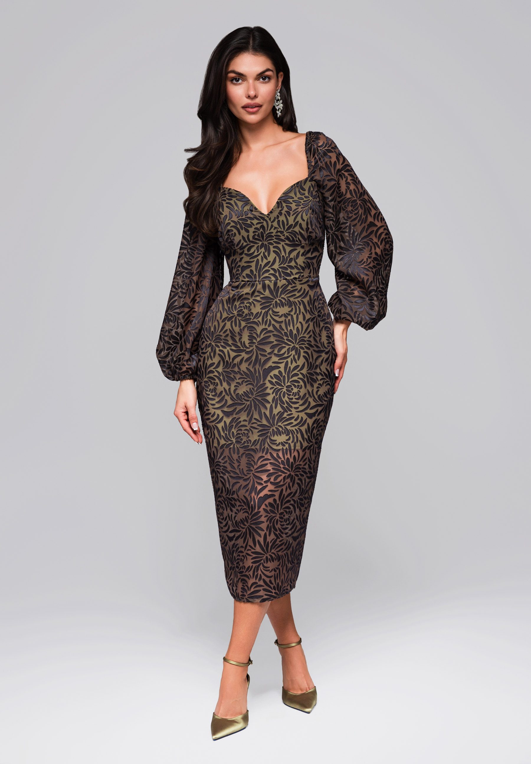 OMBRE Abendkleid Elegantes Midikleid mit transparenten Puffärmeln und floralem Muster Edles Midikleid mit floralem, transparentem Overlay