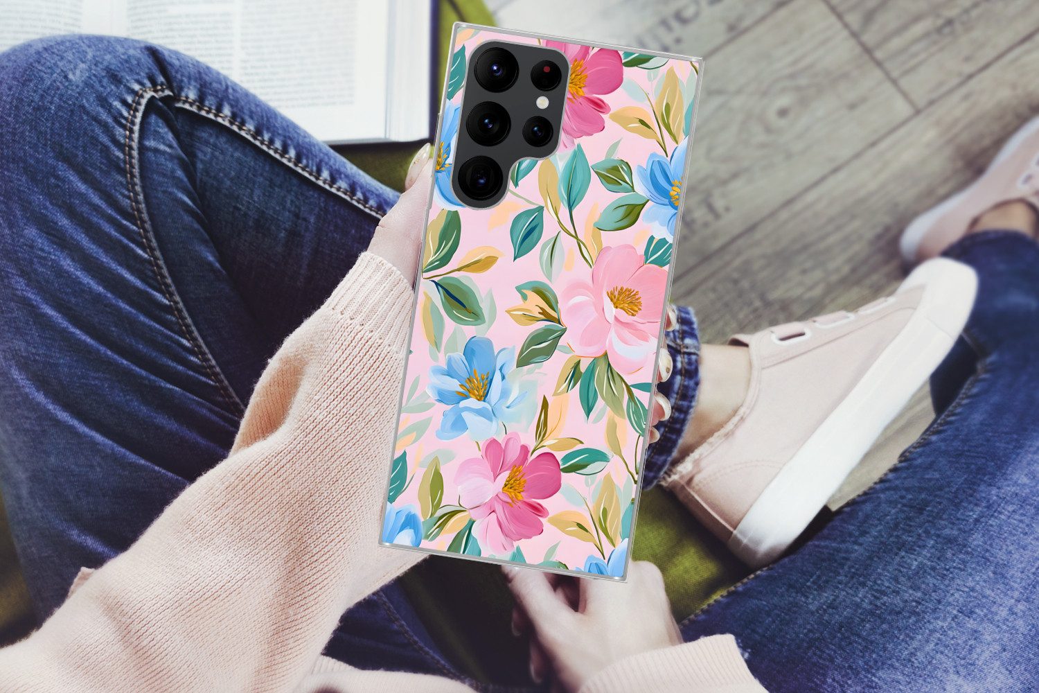 MuchoWow Handyhülle für Samsung Galaxy S22 Ultra Blau - Rosa - Blumen, Phone Case, Silikon, Schutzhülle Dünn