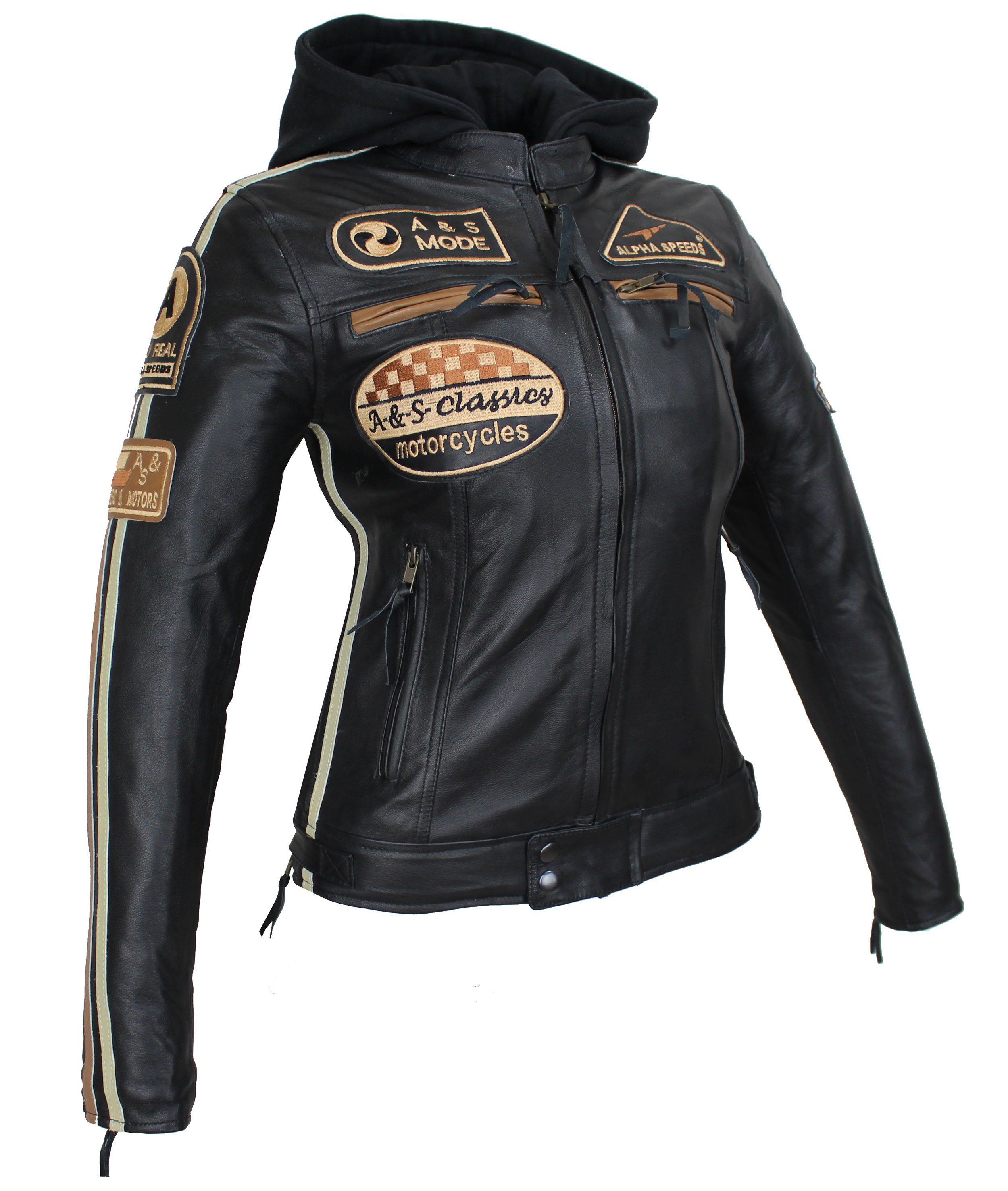 Alpha Speeds Motorradjacke Damen Leder Jacke Biker Freizeit Highway Jacke Braun & Beige aus weichem Lammleder, mit Protektoren & Kapuze