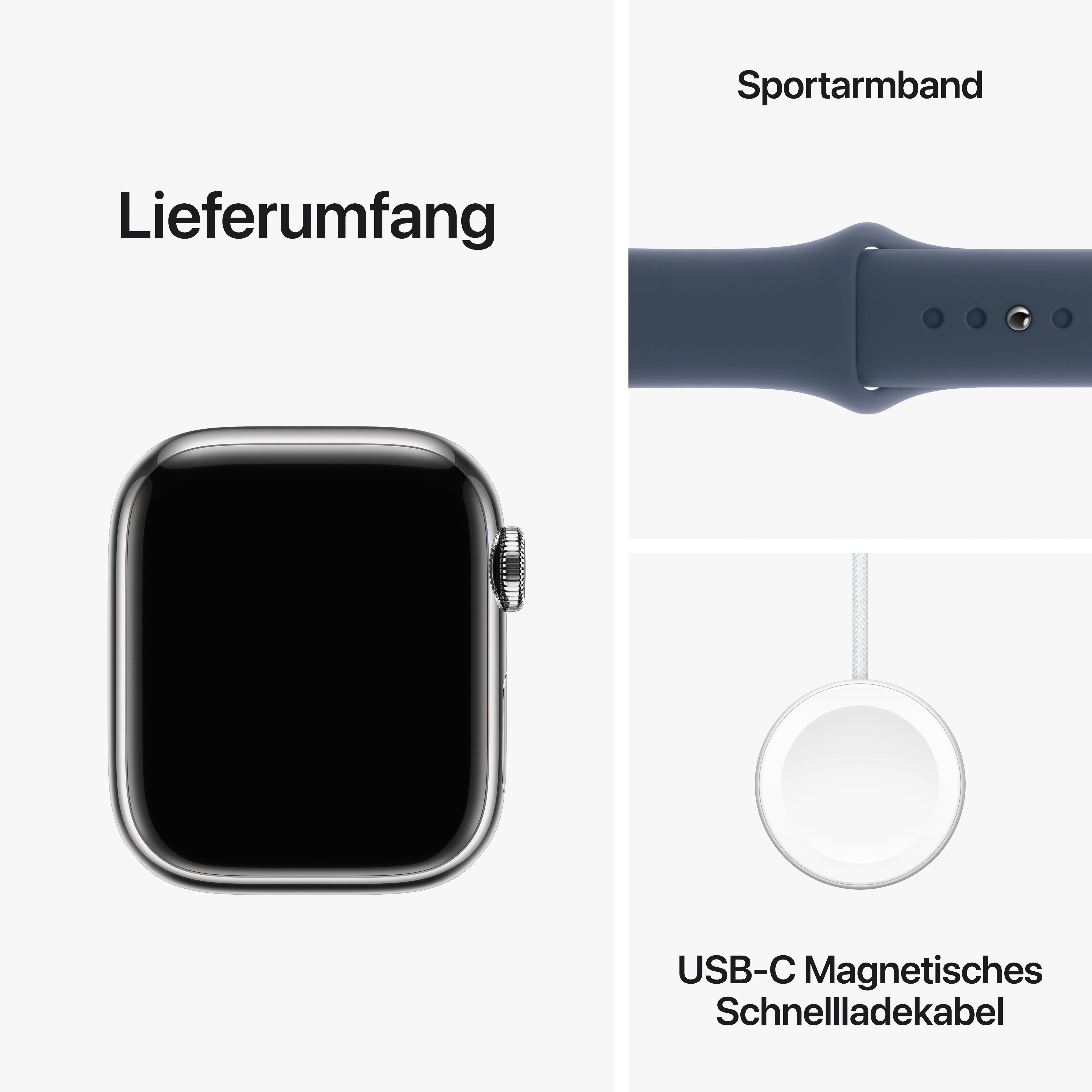 Apple Watch Series 9 | Sport OS Band Cellular Smartwatch Edelstahl (4,1 Sturmblau cm/1,61 + Silber 10), 41mm Zoll, Watch GPS