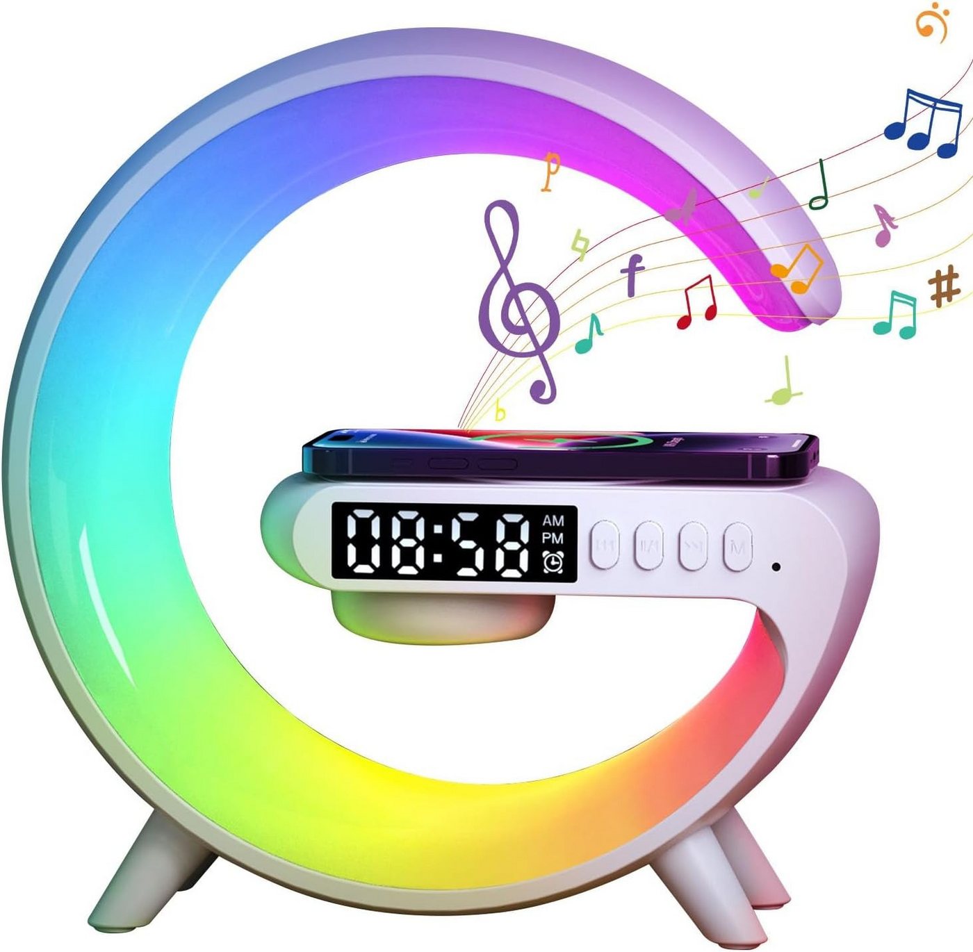 Doramier G-Form mit Bluetooth Lautsprecher Wecker Wireless Charger LED Bluetooth-Speaker 1.0 (3 W, G-Form Design 10 Lichtmodi Musiksteuerung Licht)