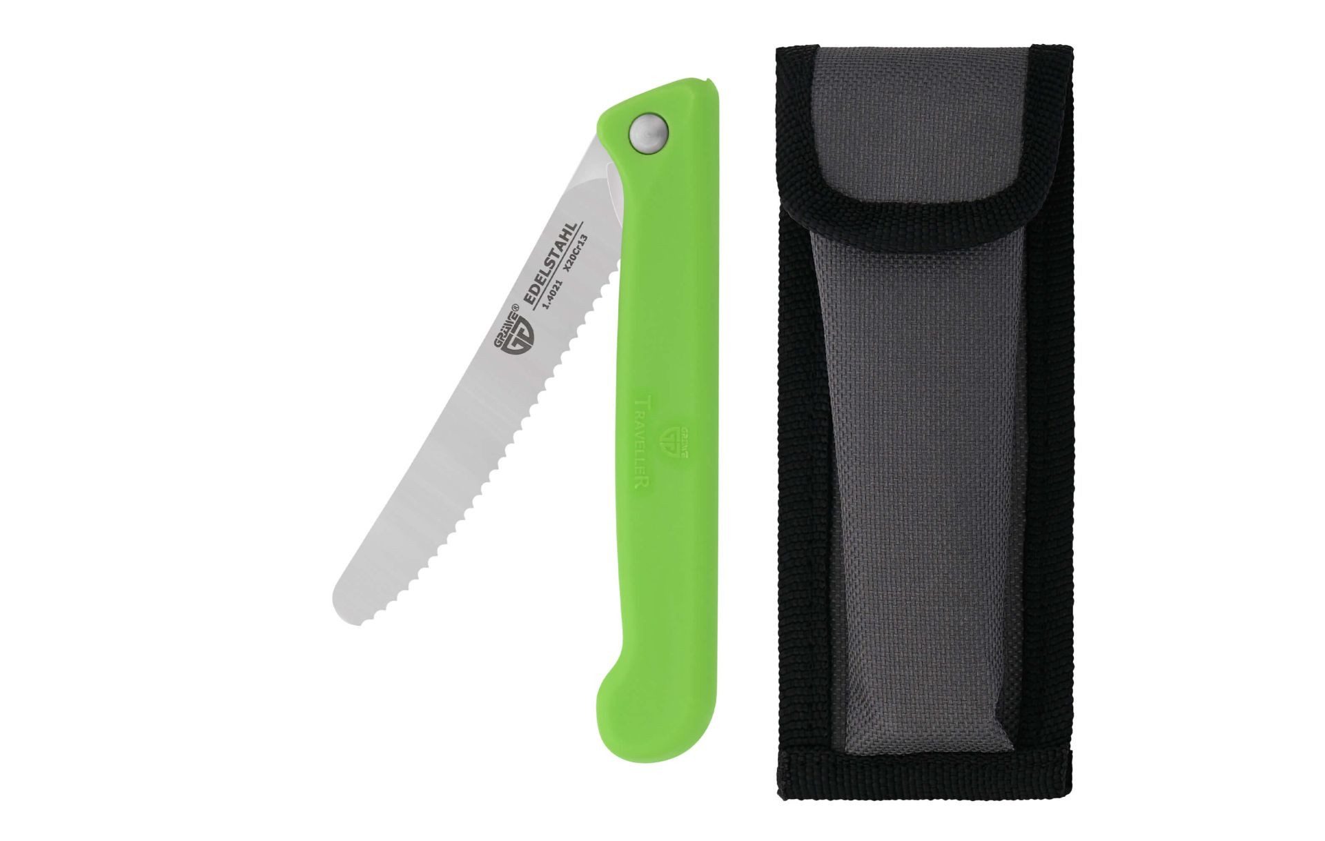 GRÄWE Brotzeitmesser Klappbares Frühstücksmesser mit Etui, Wellenschliff, Grün platzsparendes Messer für Camping, Outdoor, Trekking