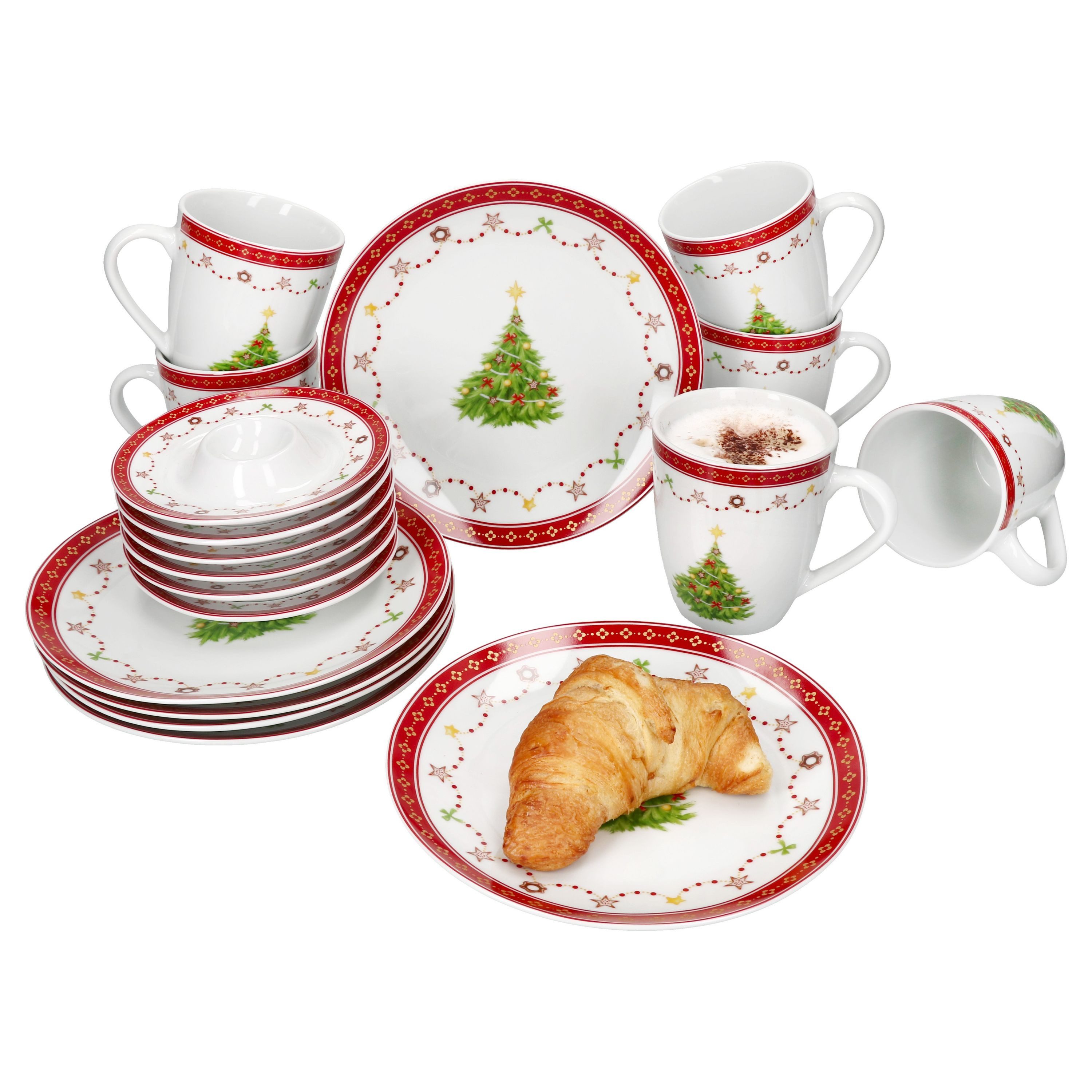 Frühstücks-Geschirrset 18tlg Frühstücksset Weihnachtstraum Porzellan 6 Pers. Teller Becher