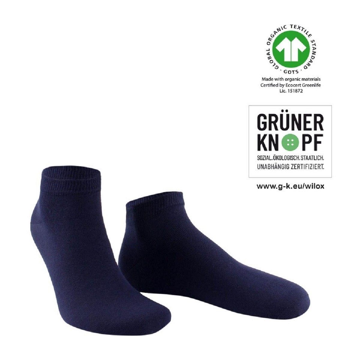Wilox Kurzsocken Sneaker Socke aus hautsympathischer Bio Baumwolle (1-Paar) BIO Baumwolle Maritim Blau