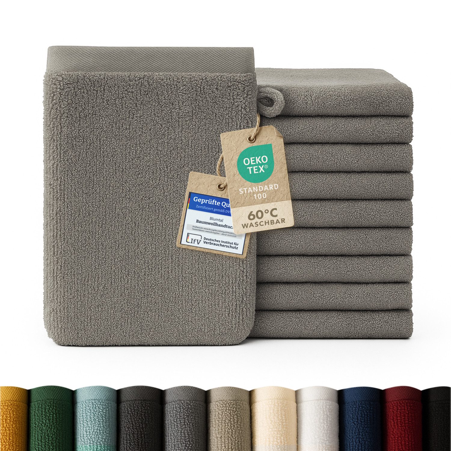 Blumtal Waschhandschuh 10er Set aus Frottee 15x20 cm - weich und saugstark, (Set), mit modischer Bordüre und praktischer Aufhängeschlaufe, 100% Baumwolle