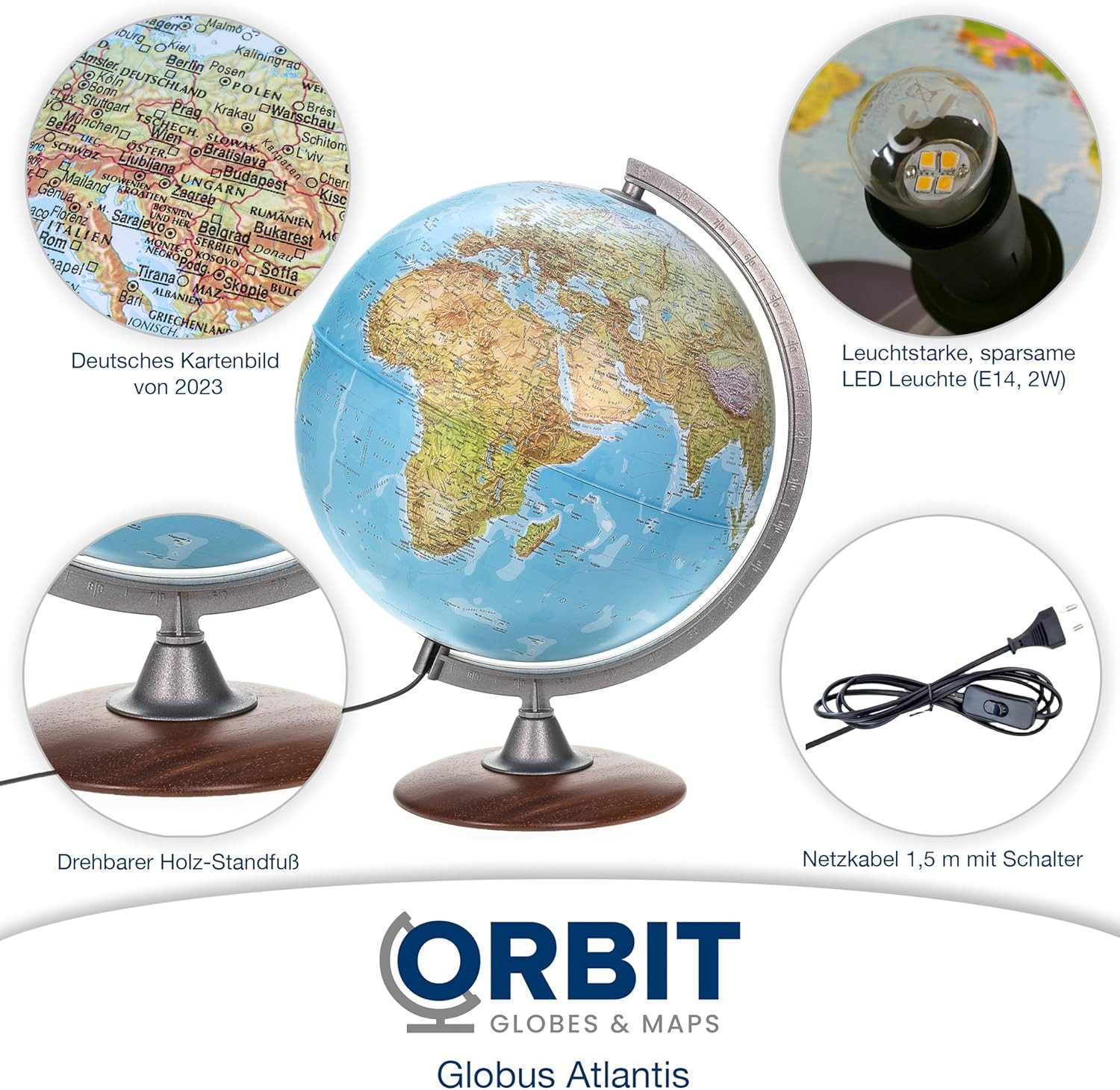 Interkart Landkarten & Globen GmbH Globus Leuchtglobus 30 cm mit dunklem Holzfuß und LED-Licht