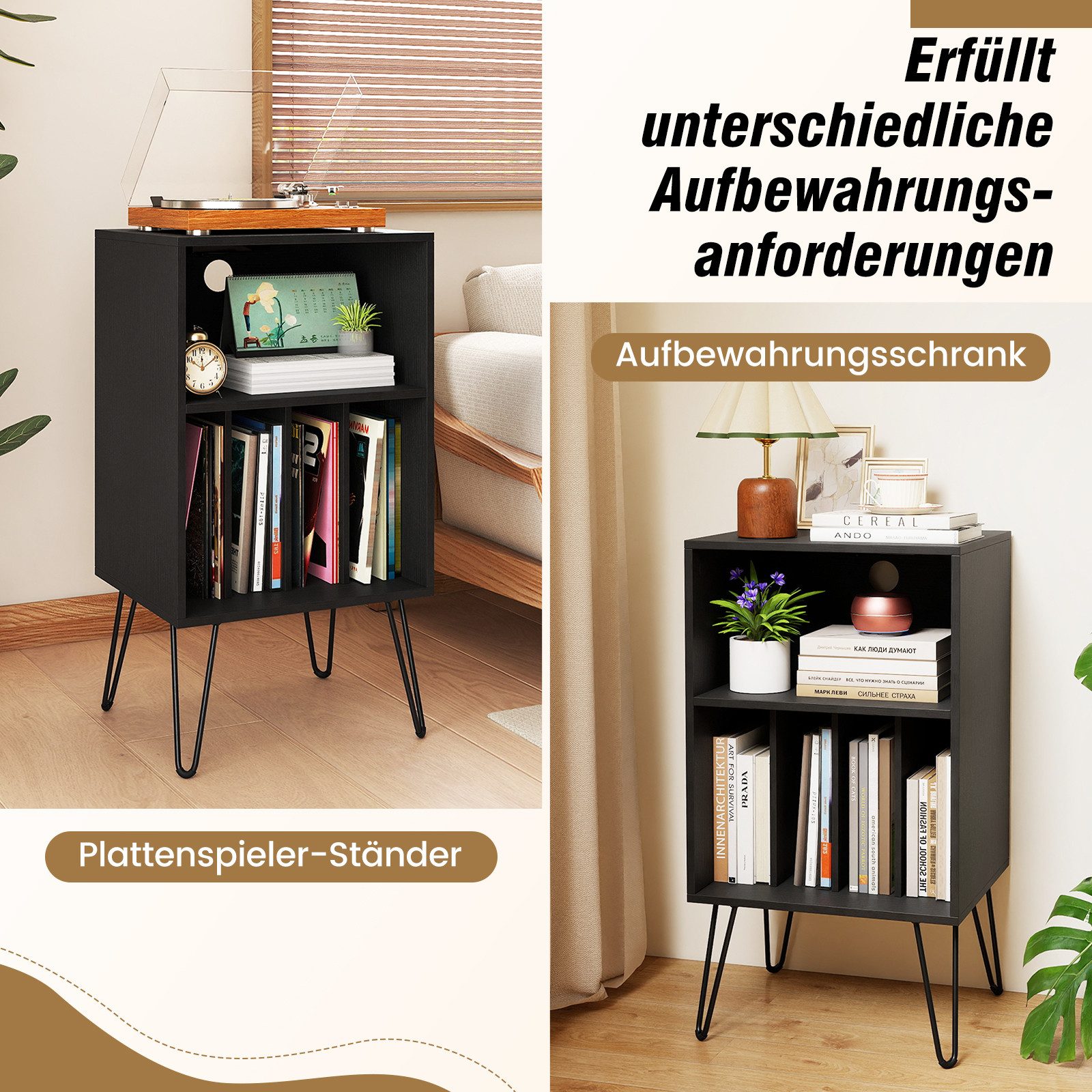 COSTWAY Nachttisch Plattenspieler-Ständer mit Ladestation Holz, 48x40x88cm – Bild 5 von 5