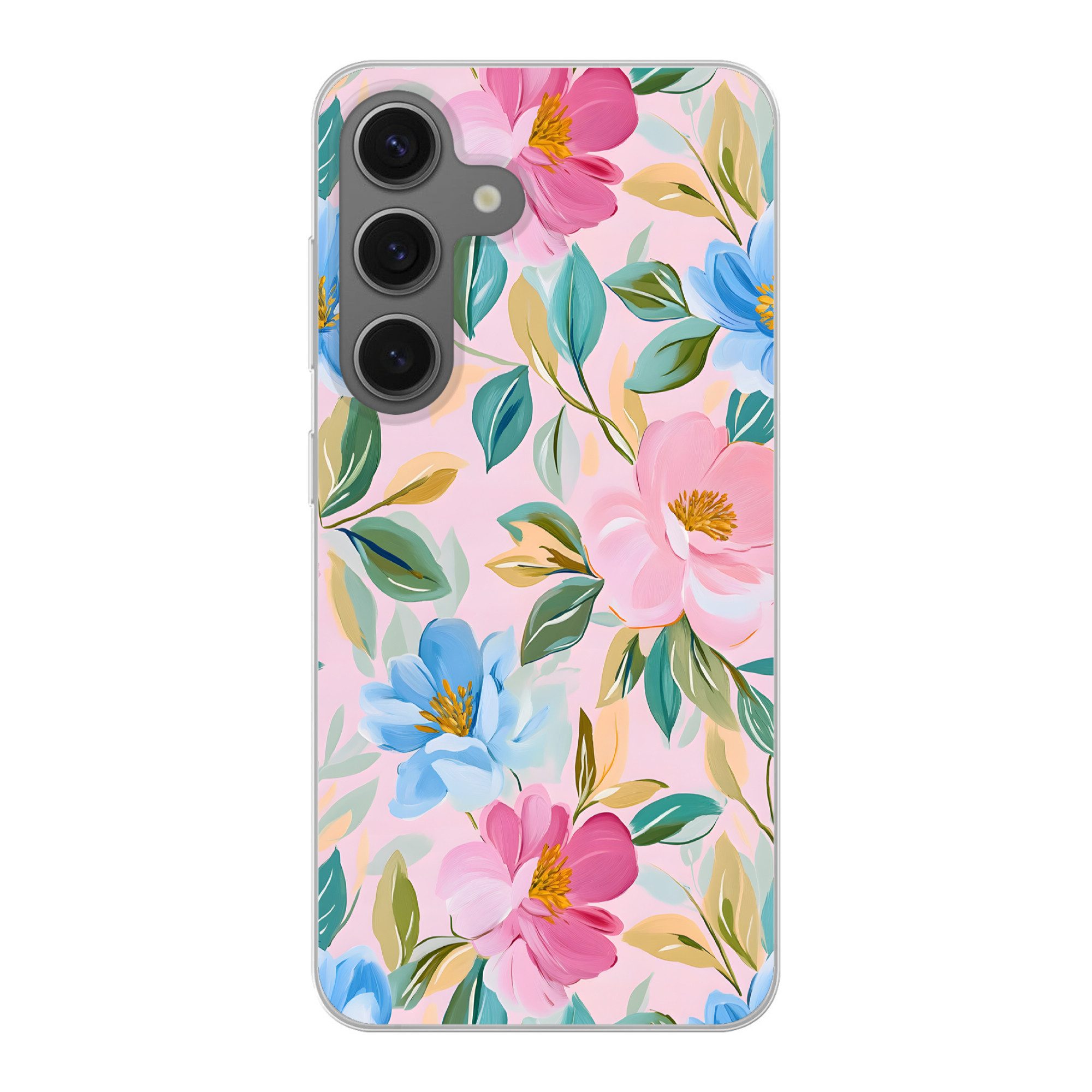 MuchoWow Handyhülle für Samsung Galaxy S25 Blau - Rosa - Blumen, Phone Case, Silikon, Schutzhülle Dünn