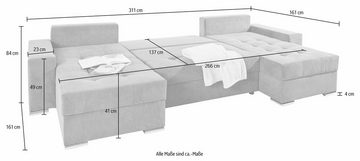 COLLECTION AB Wohnlandschaft Josy U-Form, inkl. Bettfunktion, Bettkasten und Zierkissen, mit 2 Recamieren