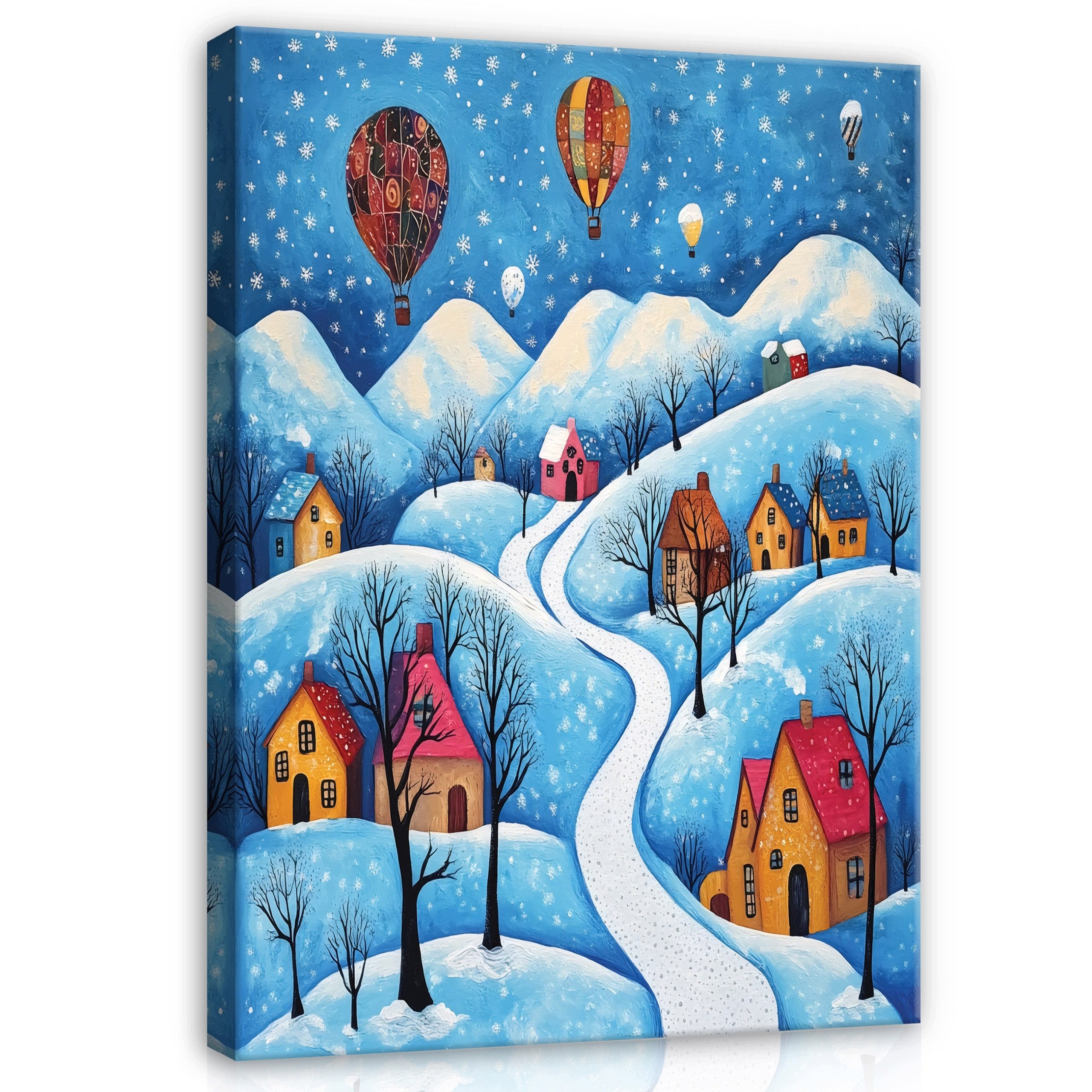 Wallarena Leinwandbild Winterlandschaft Märchen Berg Blau Kinderzimmer bilder Wandbild, Winterlandschaft mit Häusern und Heißluftballons (Leinwandbild, 1 St), Leinwand Bilder Wohnzimmer Schlafzimmer Wandbild Wanddeko 30x40 cm