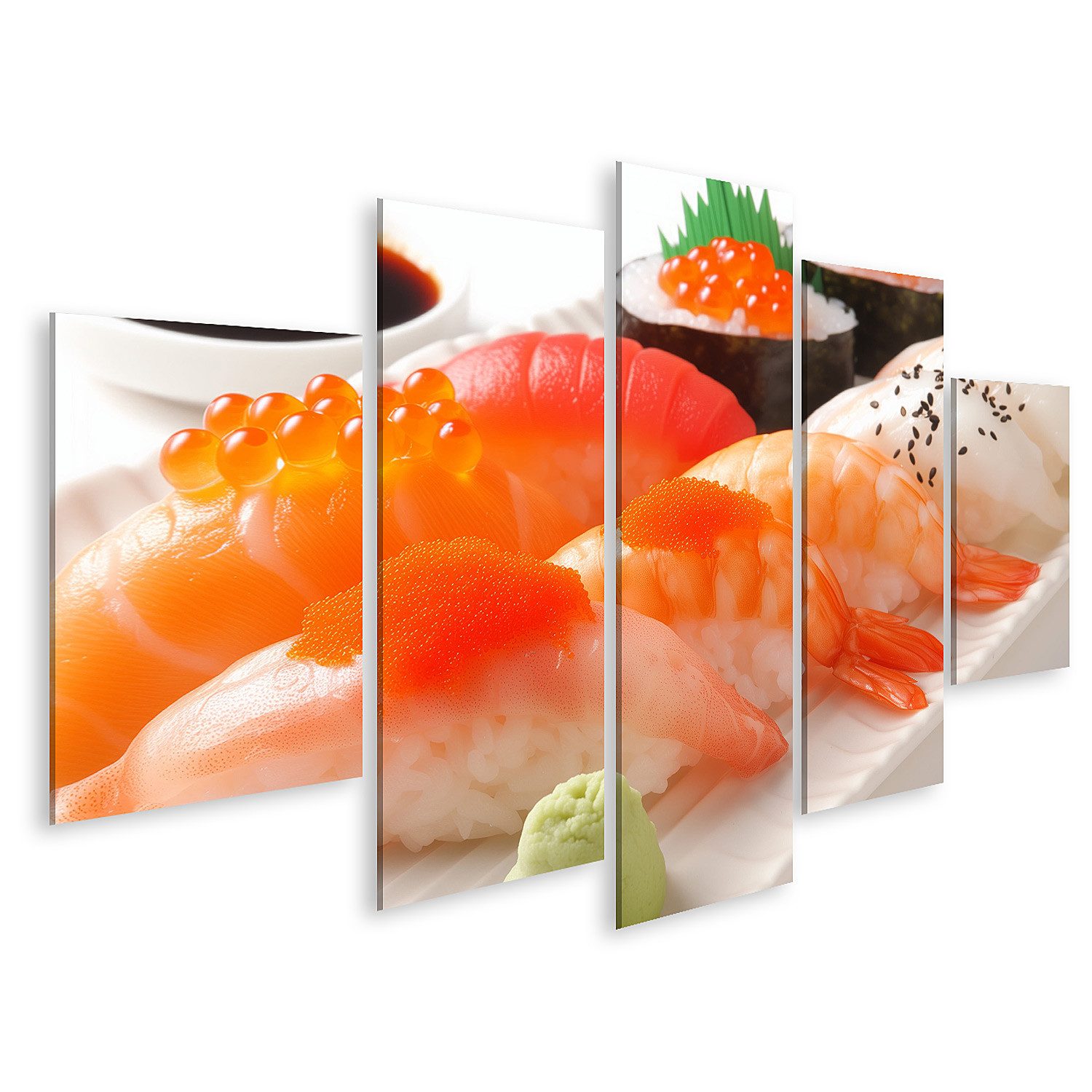islandburner Leinwandbild, Vielfalt an japanischem Sushi mit Sojasauce und Wasabi