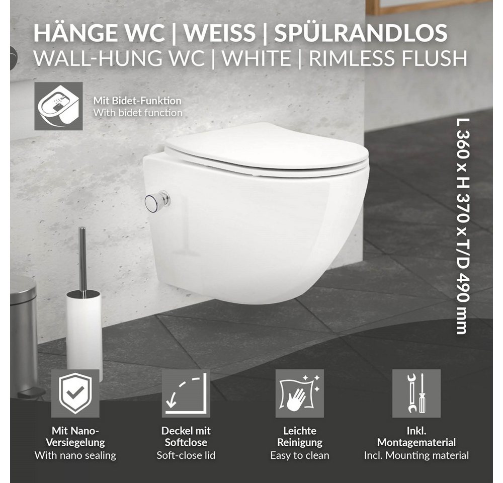 Thumbnail - LuxeBath Tiefspül-WC Spülrandloses Hänge WC Keramik mit WC-Sitz abnehmbar Softclose, Toilette Weiß mit Nano Beschichtung...