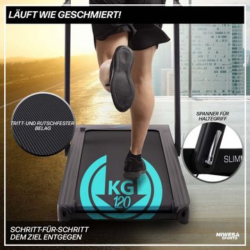 Miweba Sports Laufband Modernes Profi Sportgerät SlimWalk S600 - 17 km/h - Ultra Dünn (Treadmill, Trainingsgerät, Speedrunner, Fitness, Workout, 2-tlg., inkl. Fernbedienung, Touchscreen-Display, Bluetooth, Safety Key mit Klemme, 1100 W DC-Motor, 4.5 PS, Smartphonehalterung, 120 kg Traglast, Transportrollen), Heimtrainer Fitnessgeräte Sportgeräte für Zuhause elektrisch