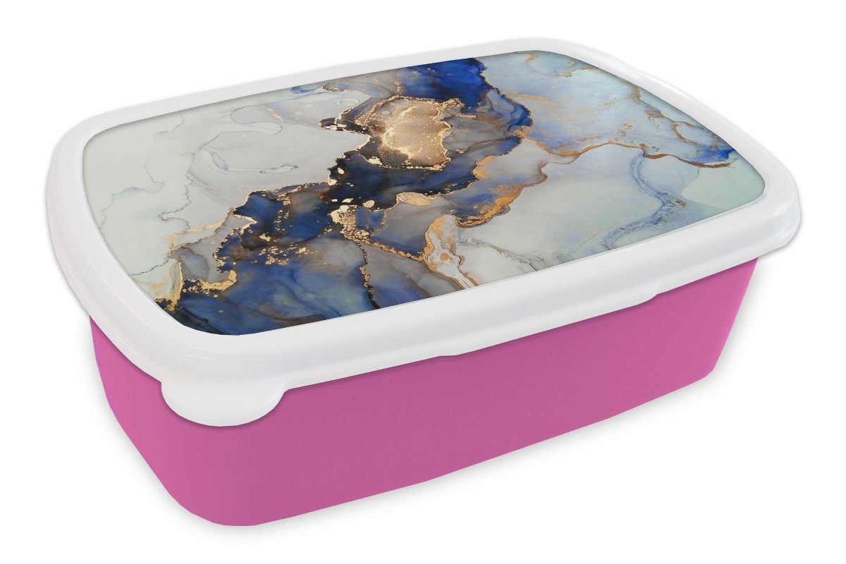 MuchoWow Lunchbox Marmor - Blau - Gold, Kunststoff, (2-tlg), Brotbox für Erwachsene, Brotdose Kinder, Snackbox, Mädchen, Kunststoff rosa