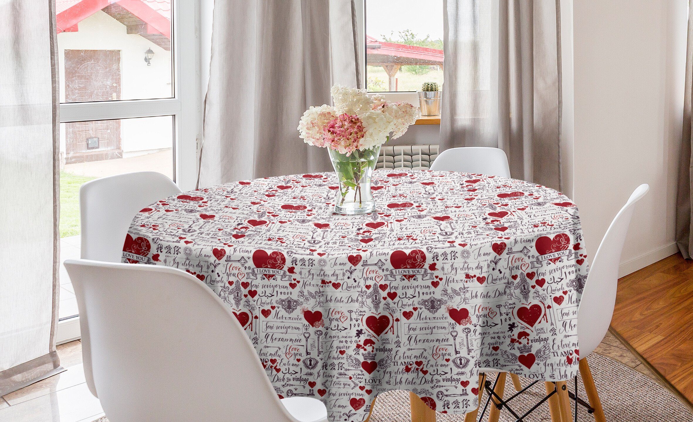 Abakuhaus Tischdecke Kreis Tischdecke Abdeckung für Esszimmer Küche Dekoration, Vintage Valentine Ich liebe dich Lingo