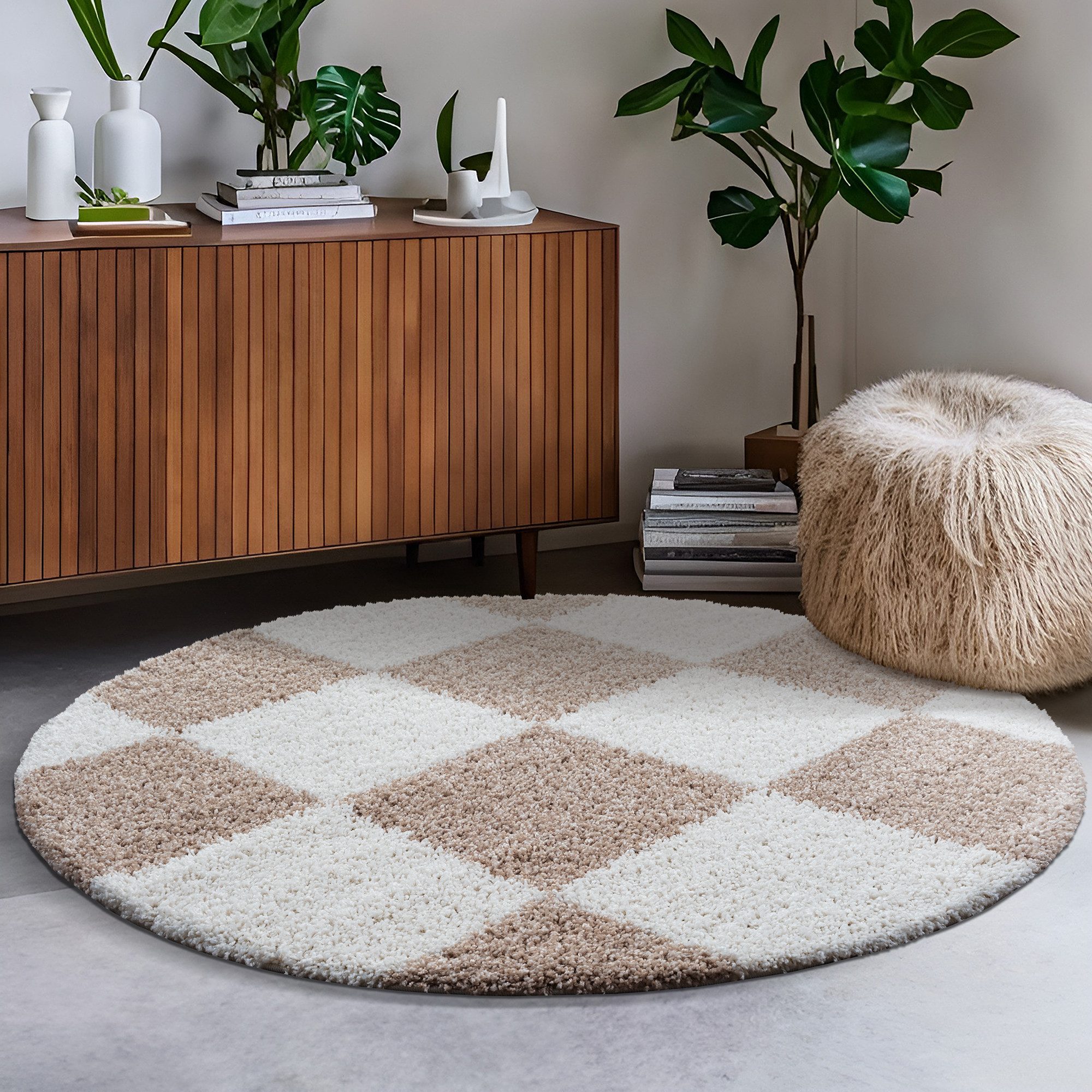 Sanat Hochflor-Teppich Milano 1250, auch als Läufer und in Rund, rund, Höhe: 30 mm, Hochflor, Shaggy, Karo, Wohnzimmer, Schlafzimmer