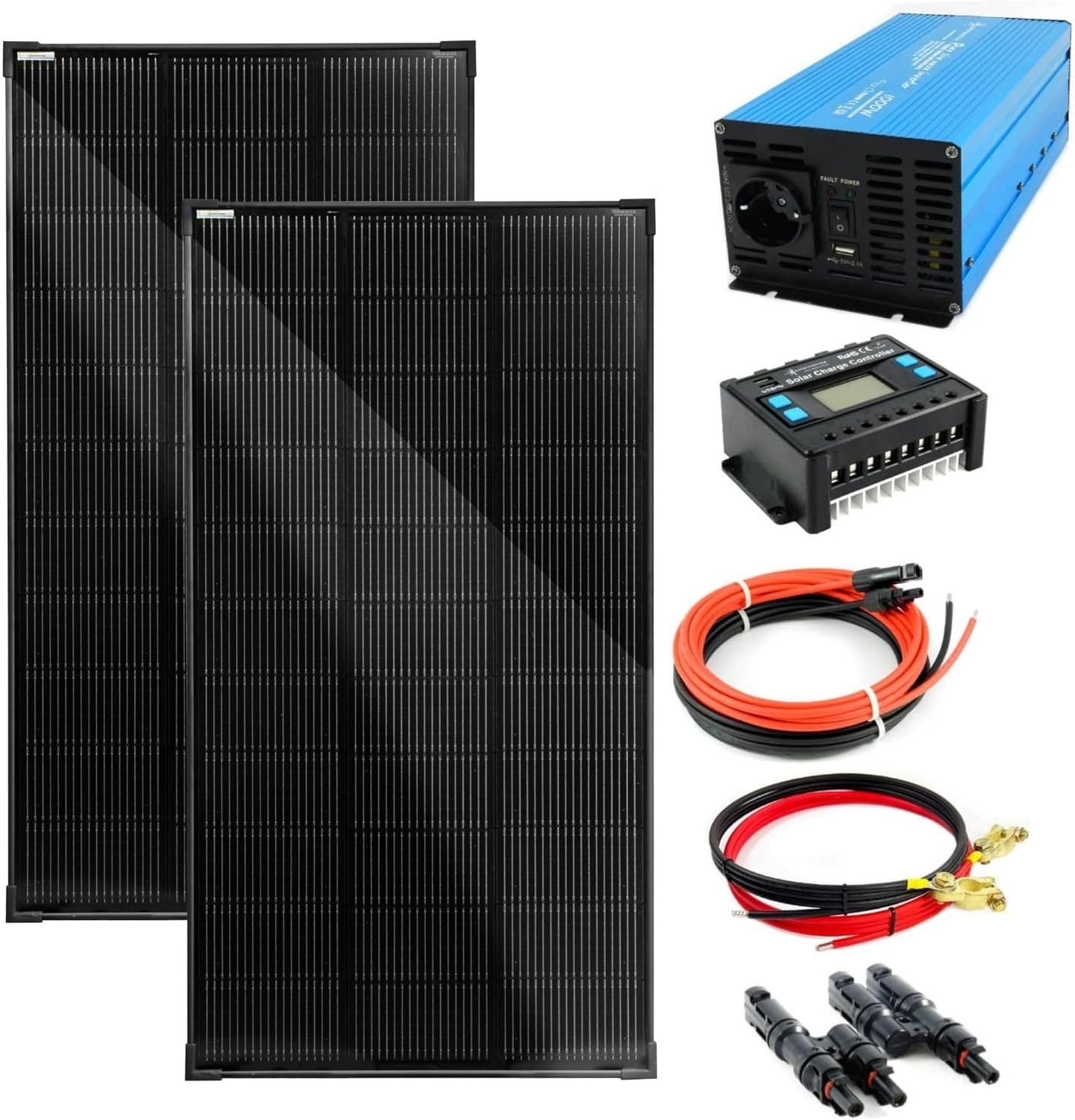 solartronics Solarmodul Set: 2x 120W Solarpanel, TS 1000W Wandler, 20A Laderegler, Zubehör, Monokristallin, (Set)