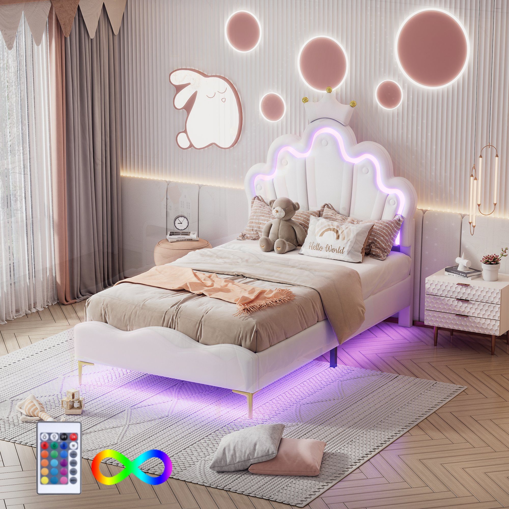 Flieks Polsterbett, LED Kinderbett Einzelbett mit krone-Form Prinzessinnenb günstig online kaufen