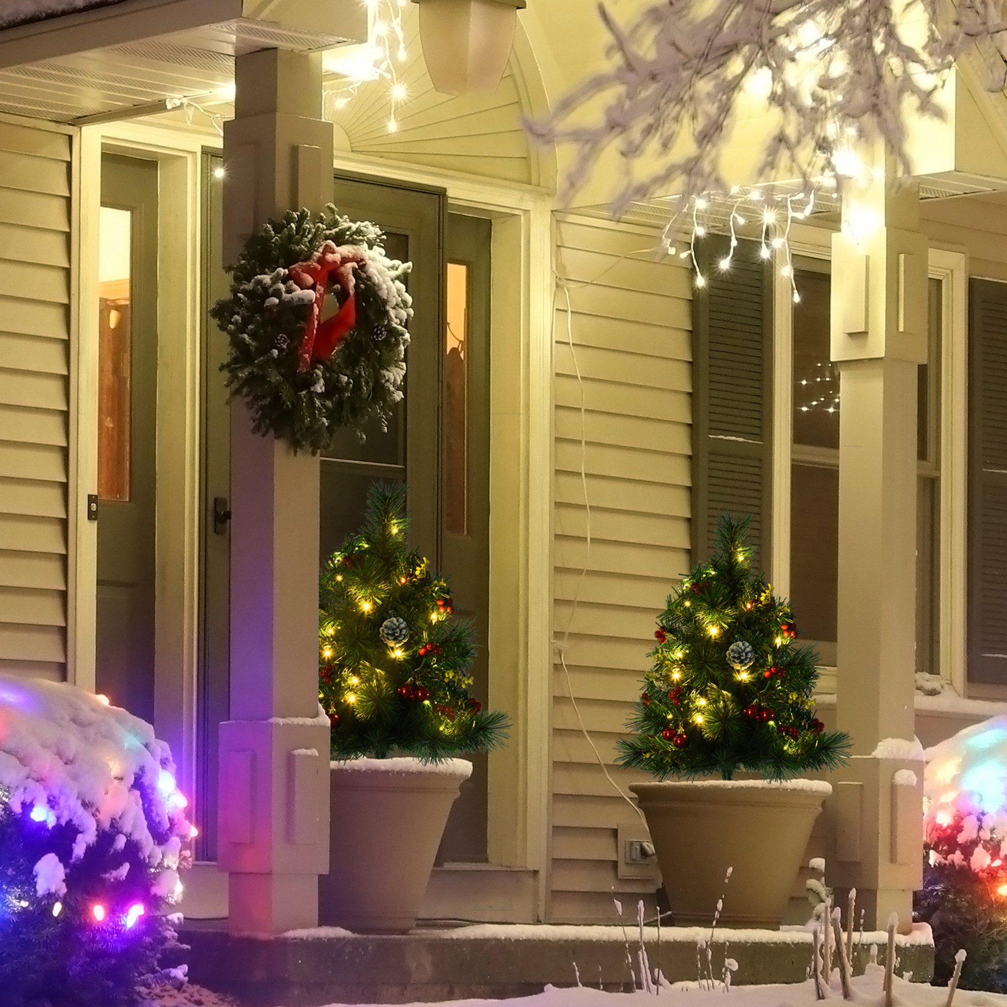 HOMCOM Künstlicher Weihnachtsbaum 2er Set Mini mit LED-Lichtern, künstlich Tannenbaum, Tannenzapfen, Kiefer, 33 x 75 cm (BxH), grün
