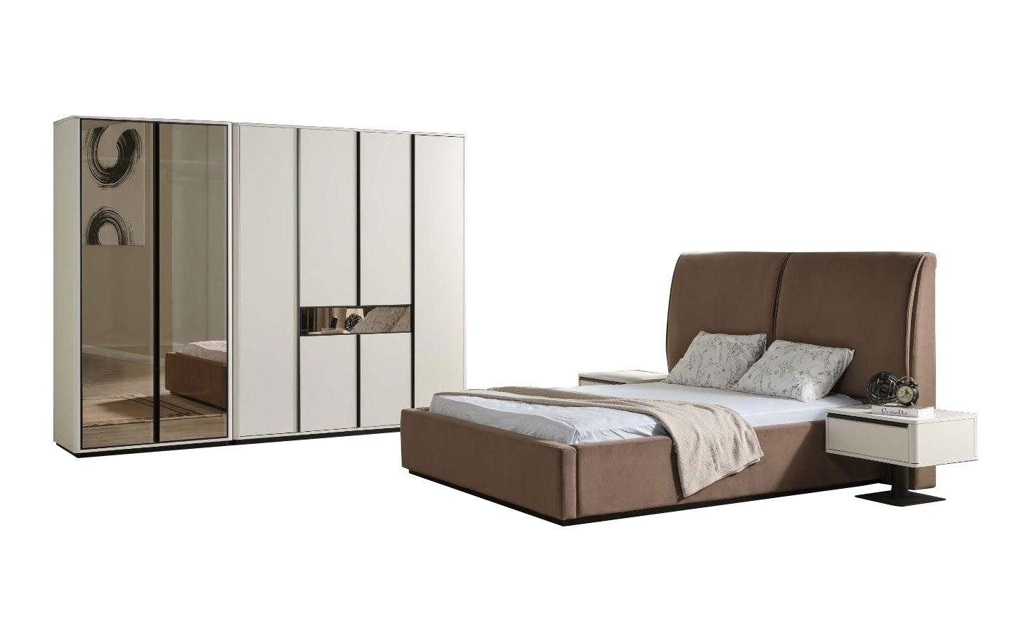 Schlafzimmer-Set Schlafzimmer Garnitur Doppelbett Bett Nachttische 4tlg Beige Schrank