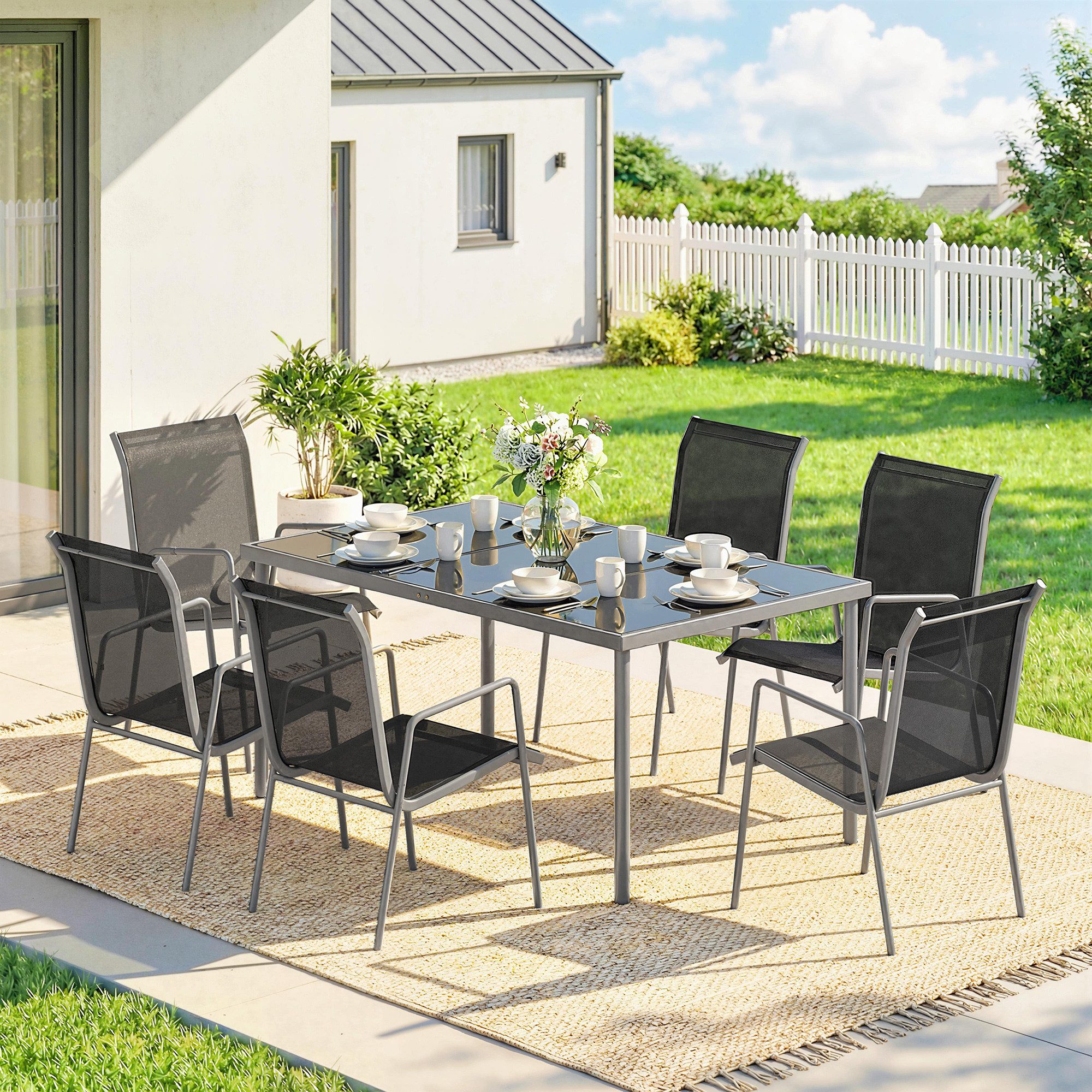 Outsunny Garten-Essgruppe mit 6 Atmungsaktiven Stühlen, Sicherheitsglas Tischplatte, (Gartenset, 7-tlg., Gartenmöbel Set), für Garten Balkon Terrasse Schwarz