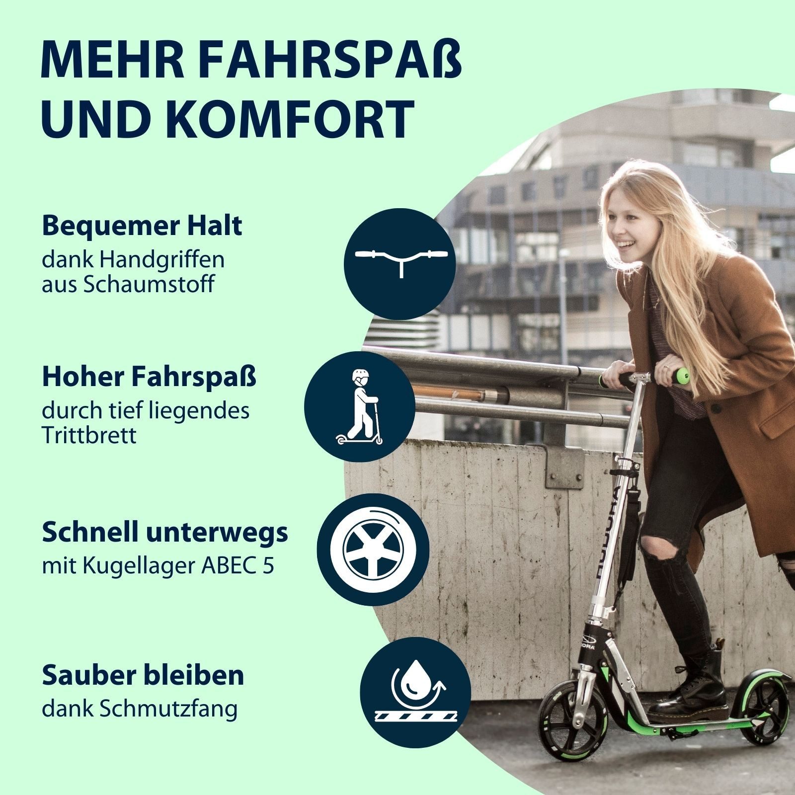 Hudora Cityroller BigWheel® 205, Scooter inklusive Kabelschloss, höhenverstellbarer & zusammenklappbarer Tret-Roller