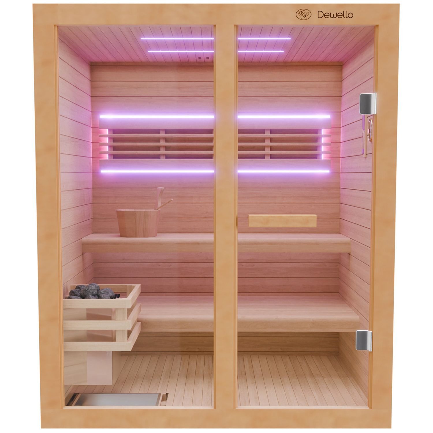 Dewello Sauna TOFINO 160x150 Finnische Sauna, 3 Personen, Saunaofen, Harvia 4,5KW, BxTxH: 150 x 160 x 190 cm, (inkl. Sauna-Set, schaltbare Beleuchtung) Sauna aus Hemlock-Tannenholz, leichter Aufbau dank Stecksystem