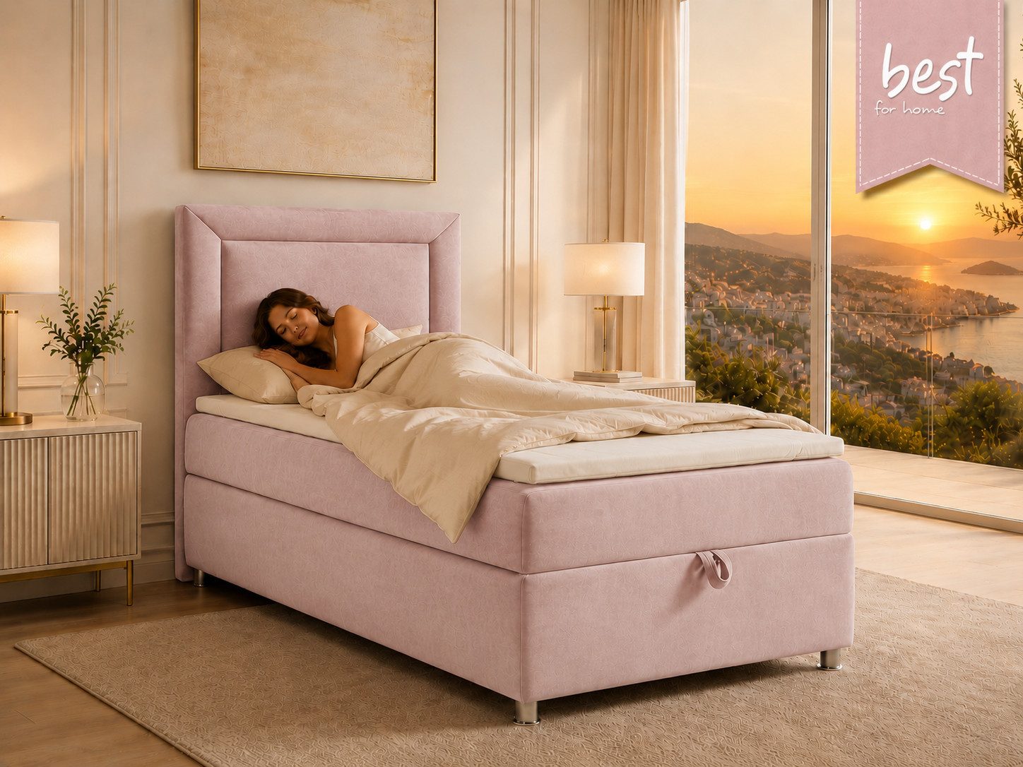 Best for Home Boxspringbett Trinity K-3 SINGLE mit Bettkasten & ca. 5 cm Topper (Einzelbett, Polsterbett mit gepolstertes Kopfteil, Jugendbett, Kinderbett versch. Größen, 3-St., 70x200 80x200 90x200 100x200 cm), Einzel-Boxspringbett mit integriertem Bettkasten