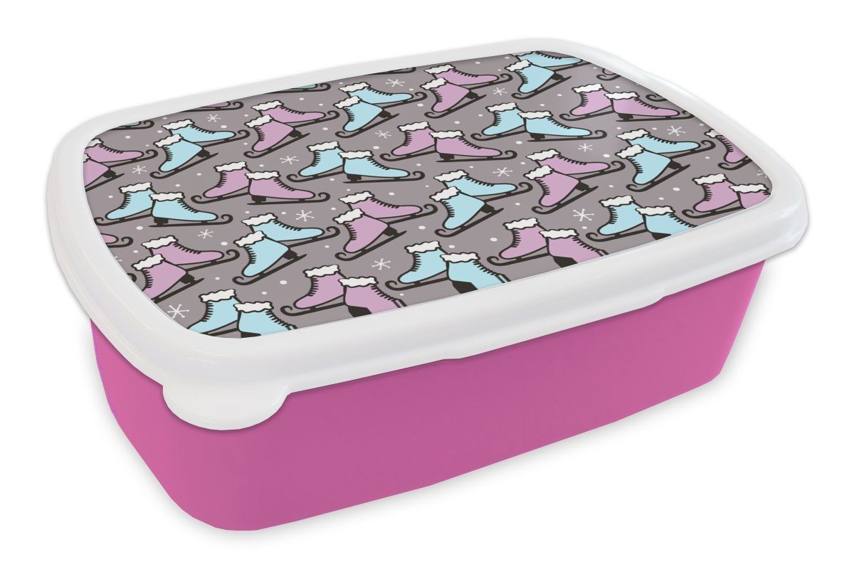 MuchoWow Lunchbox Schlittschuhe - Muster - Winter, Kunststoff, (2-tlg), Brotbox für Erwachsene, Brotdose Kinder, Snackbox, Mädchen, Kunststoff rosa