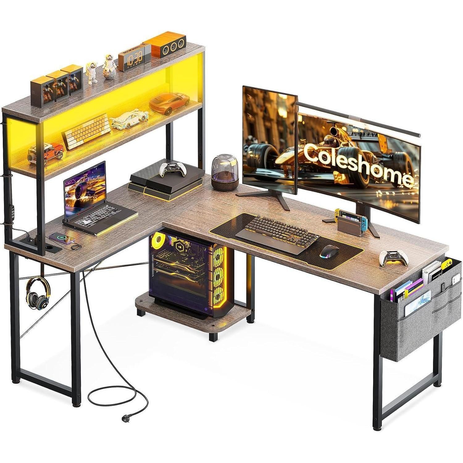 LuxusKollektion Eckschreibtisch Eckschreibtisch Gaming L Form LED Steckdosen 135×100 cm Grau