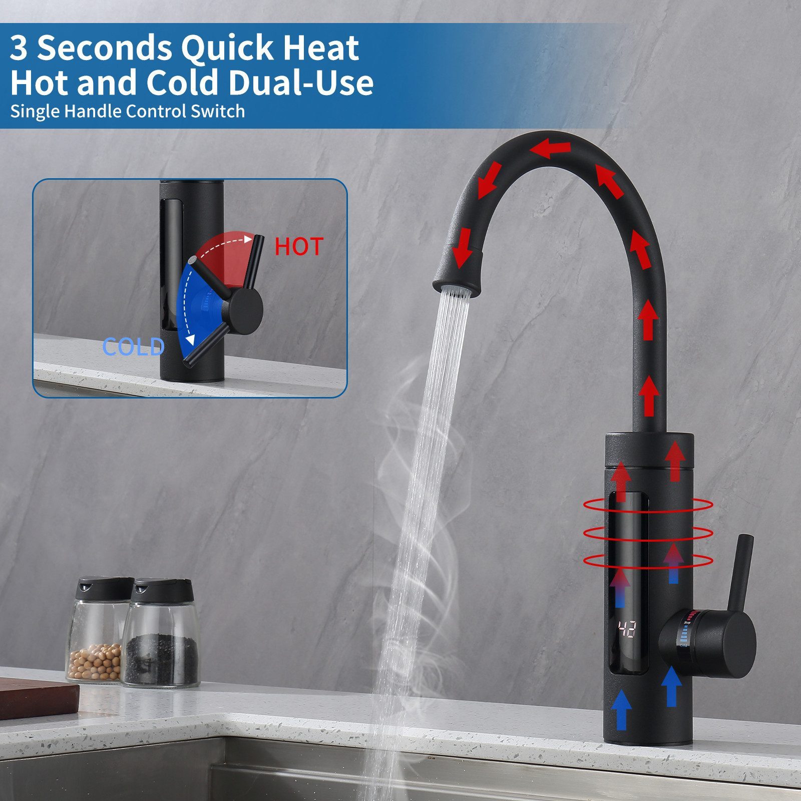 HOMELODY Küchenarmatur Elektrische Durchlauferhitzer, Smart Heater Wasserhahn 360° drehbar (Set) Wasserhahn Küche mit LED Temperaturanzeige, Schwarz