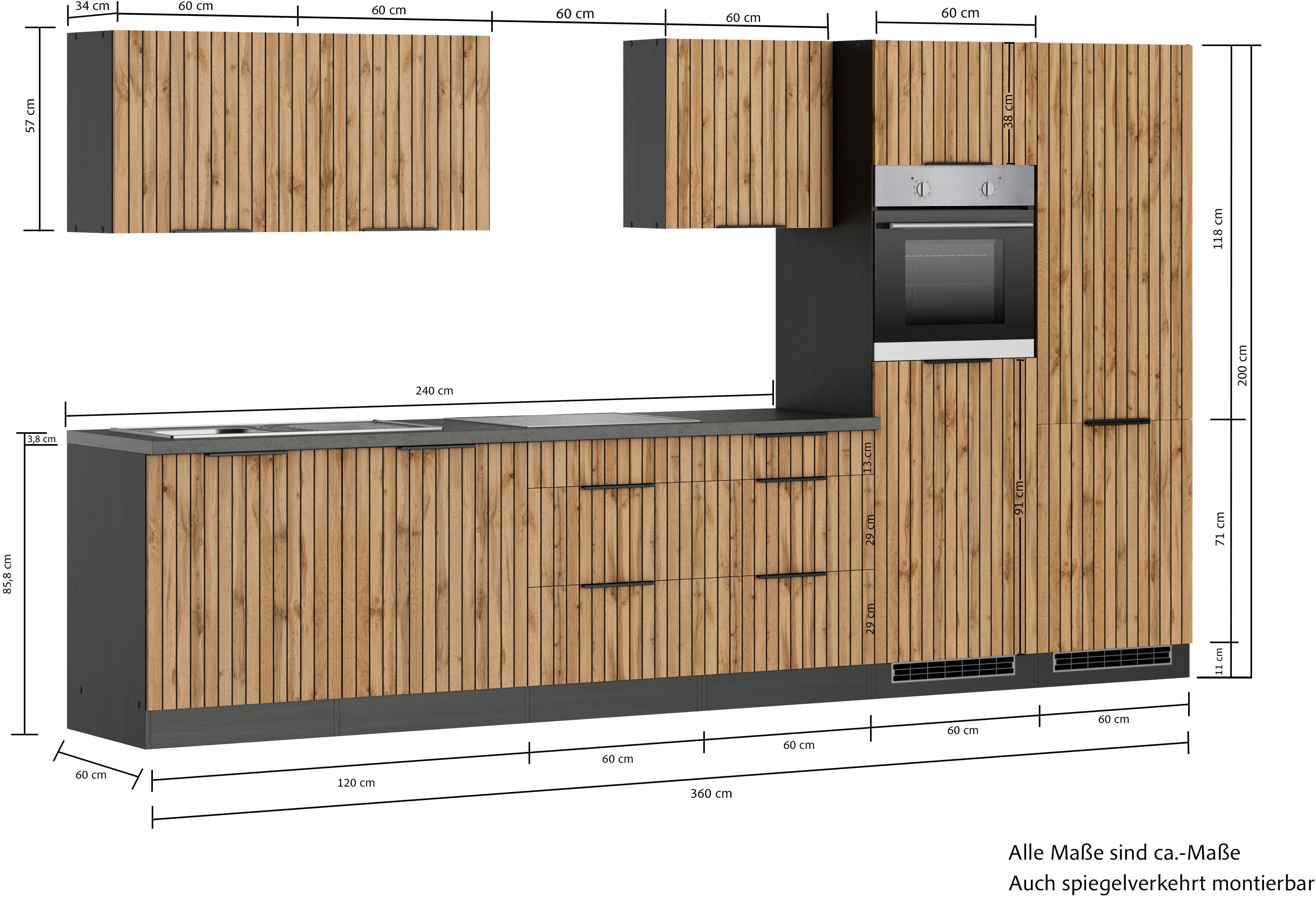 KOCHSTATION Küchenzeile KS-Lagos, Breite 360 cm, wahlweise mit E-Geräten, Ceran-oder Induktionskochfeld, Spüle edelstahl oder schwarz