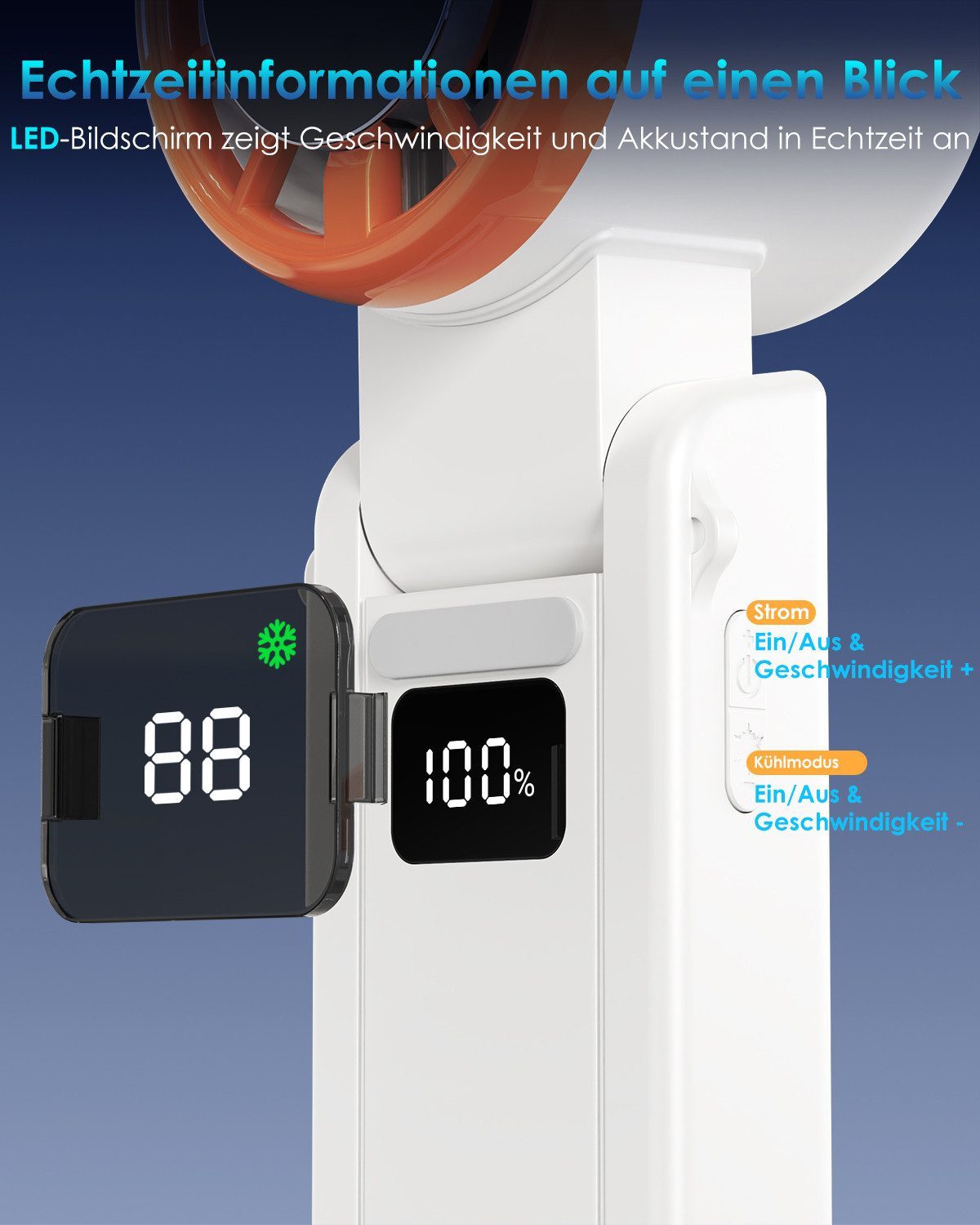 Quntis Handventilator Turbo Ventilator mit Kühleffekt, 120-stufiger Wind, Tragbarer, Mini, 3-in-1 Hand-, Hals- & Tischventilator aufladbar für Reisen & Outdoor