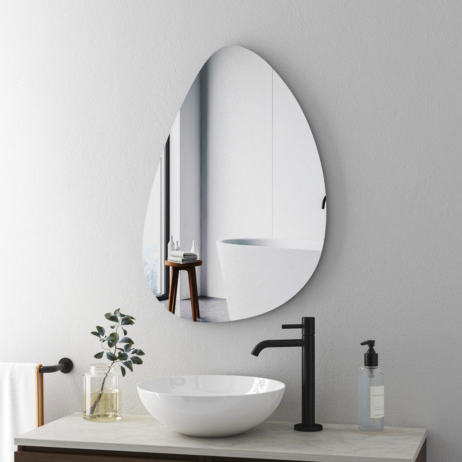 WDWRITTI Зеркало для ванной комнаты Modern 45x70cm Wassertropfen Wandspiegel Asymmetrisch (Badezimmerspiegel Rahmenlos, mit Metall Haken), 1:1-Reflektion, Explosionsgeschutz