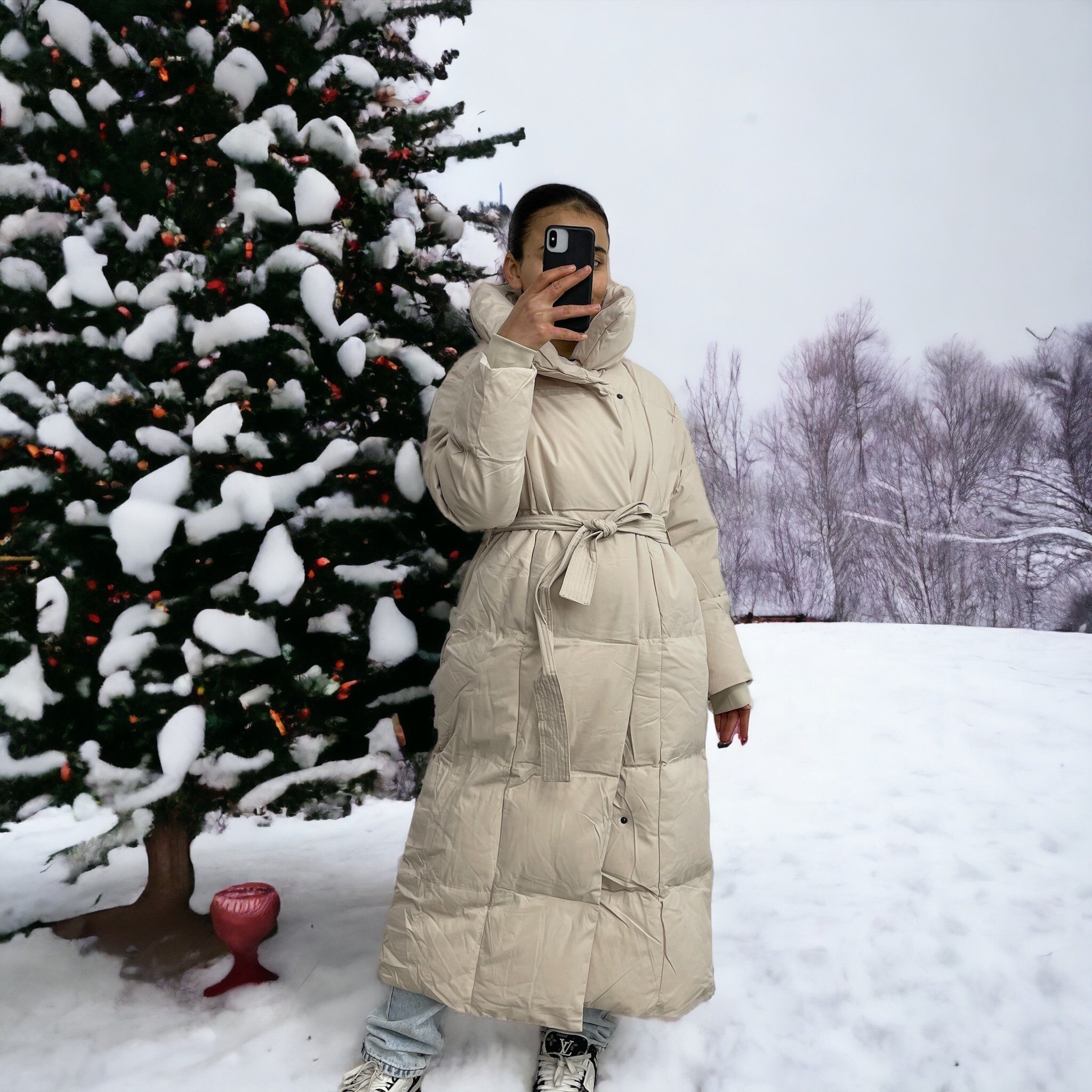 Unifarben Beige Steppmantel mit Mantel, mit lang HELLO Stehkragen, MISS Modisch Winter Winterjacke Puffer Parka Bindegürtel,