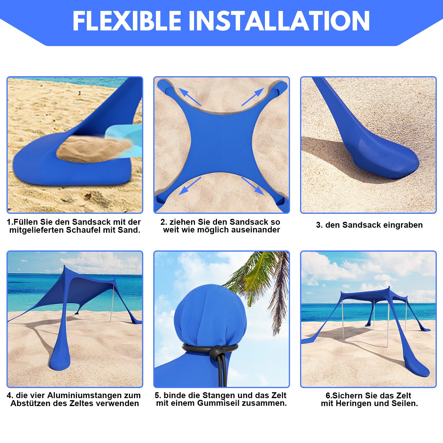 Clanmacy Strandmuschel Strandmuschel Strandzelt 3x3m Sonnensegel UV50+ mit Alu-Stangen