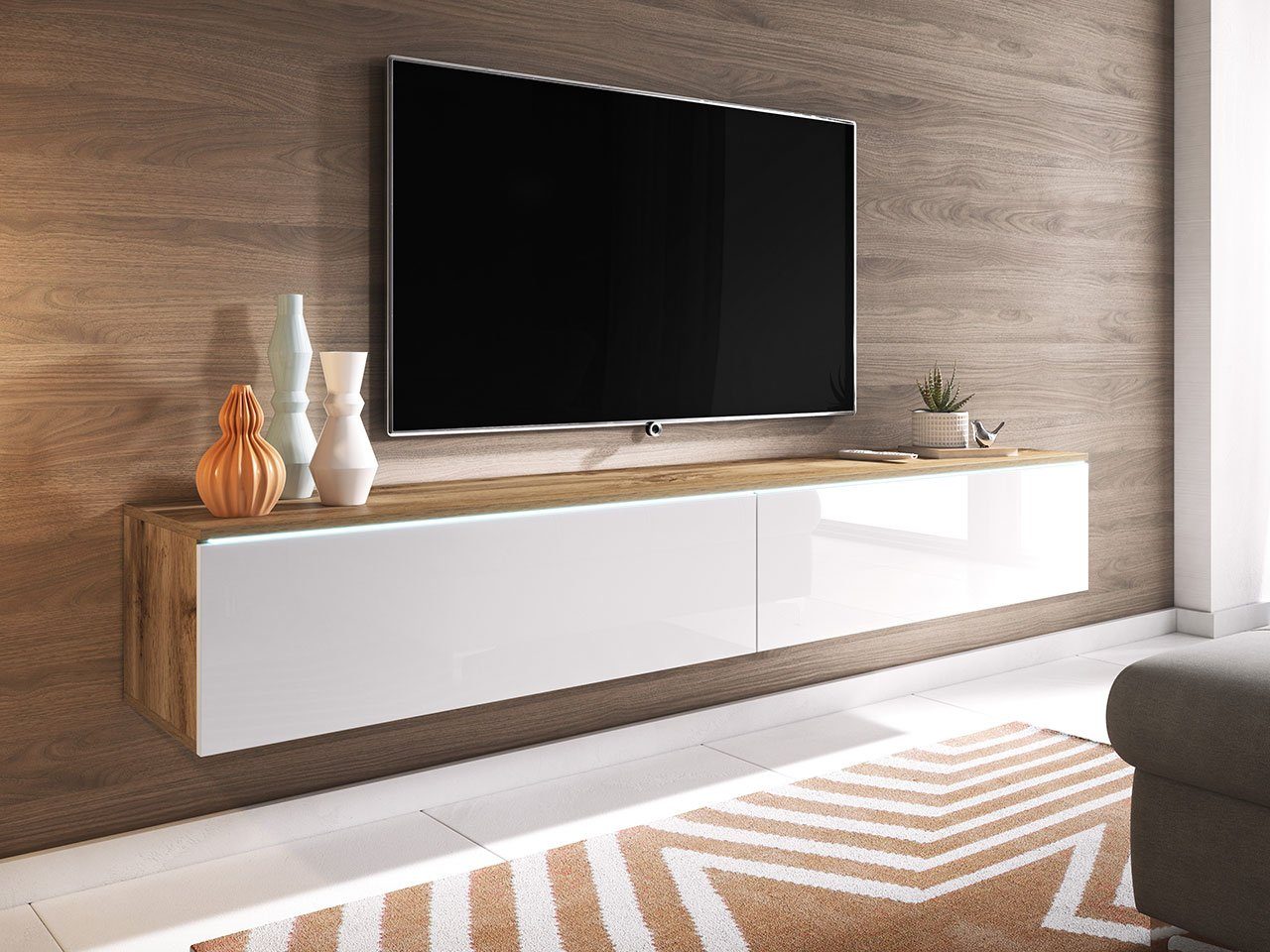 Mirjan24 TV-Schrank D180 Stilvoll TV-Tisch, 2 Türen, Modern Wohnzimmer Wotan / Weiß Hochglanz | TV-Schränke