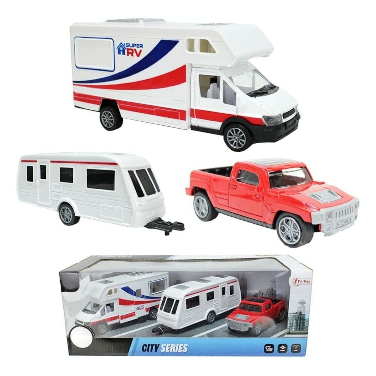 Spielzeug-Auto Modellfahrzeug Set - Wohnmobil + Wohnwagen + Pick-Up-Truck